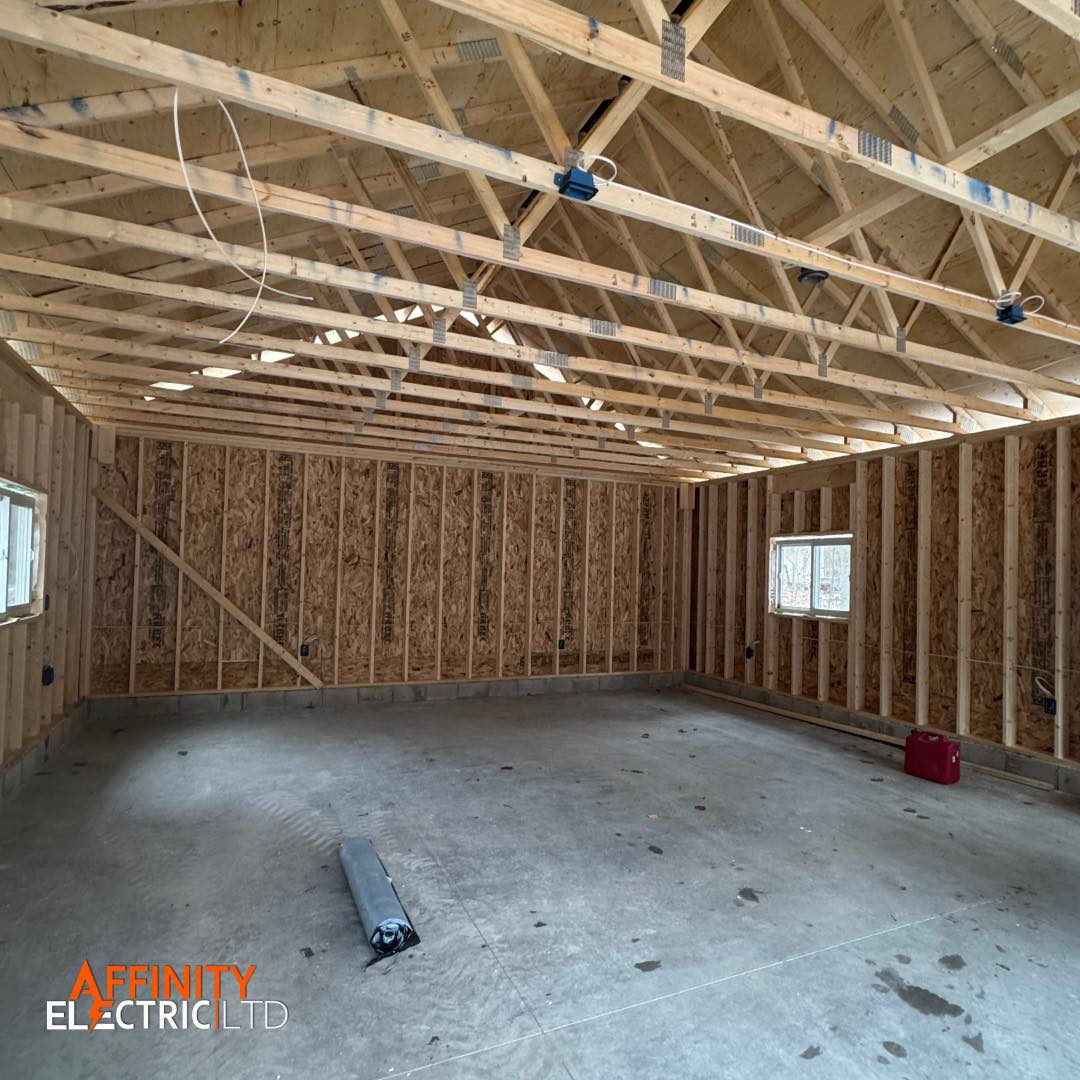💡New Build Electrical Rough-In Complete!
Here’s a behind-the-scenes look at the early stages of a new project.
We’ve just finished the rough-in wiring for this spacious structure — next stop, insulation and panel tie-in.
✅ Clean layout
✅ Code-compliant install
✅ Pre-wired for lighting, outlets, and future upgrades
📞 Planning your next build? Trust Affinity Electric Ltd. to wire it right from the start.
#NewBuild #ElectricalRoughIn #AffinityElectric #BarrieElectrician #SimcoeCountyTrades #GarageBuild #WiredRight #FramingStage #ConstructionLife #LicensedElectrician #cleaninstall