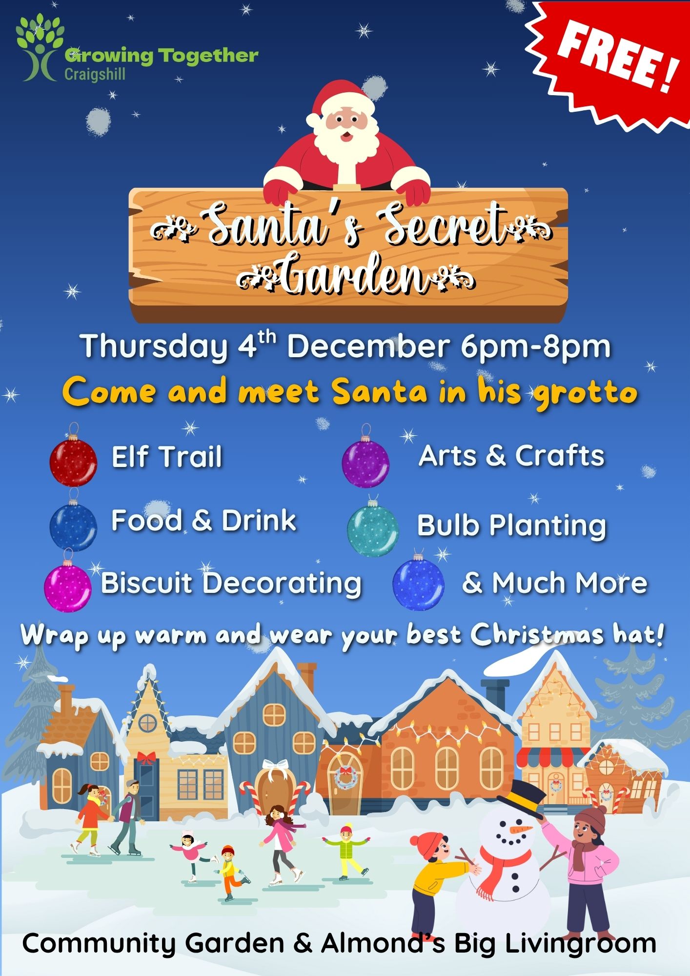🎅✨ SANTA'S SECRET GARDEN - A MAGICAL FREE EVENT! 🎅✨
🎁 JOIN US TO MEET SANTA IN HIS GROTTO!
Thursday 4th December 6pm-8pm @ Almond's Big Livingroom & The Community Garden
Wrap up warm and wear your favourite Christmas hat! Join us for a festive evening filled with an Elf Trail, Biscuit Decorating, Arts & Crafts, Bulb Planting, delicious Food & Drink, and SO MUCH MORE! ☃️
Spark Almond Housing Association West Lothian Yap