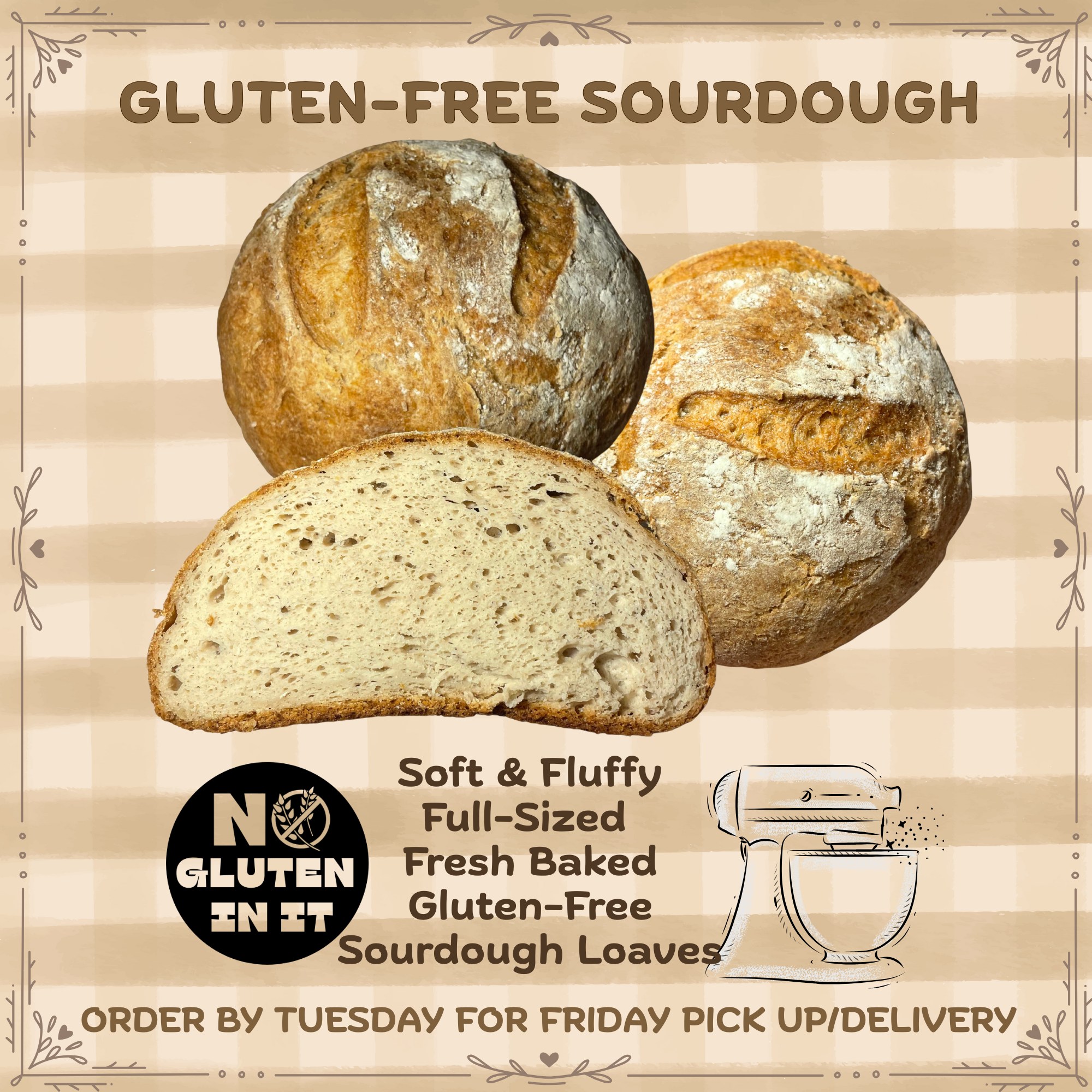 🍞 Gluten-Free Sourdough that’s Soft, Fluffy, & FULL of Flavor! 🍞
Craving the perfect loaf of gluten-free sourdough? Look no further! Our fresh-baked, full-sized loaves are everything you’ve been looking for — just the right balance of flavor, texture, and the perfect sourdough tang!
✅ Soft & Fluffy
✅ Freshly Baked & Gluten-Free
✅ Full-Sized Loaves
✅ No Gluten, No Problem!
👉 Order by Tuesday for Friday Pick-Up/Delivery!
👉Place your orders at https://docs.google.com/forms/d/e/1FAIpQLScn4Y7UZr5eGNwa6wJ_c_hZv26ywls_IvJ69qDSnieiqhTOAQ/viewform?usp=preview
#GlutenFreeSourdough #FreshBaked #NoGlutenInIt #SourdoughLovers #GlutenFreeGoodness #BreadGoals #FreshLoaf #BreadBaking