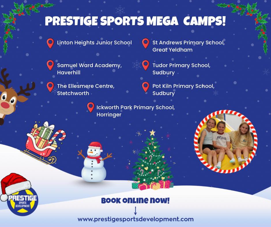 ๐CHRISTMAS MEGA ACTIVITY CAMPS!๐
Get ready to unwrap some festive fun and make this Christmas a joyful, active and unforgettable one!
This December, we will be bringing the Christmas spirit to our Mega Activity camps! Days full of festive fun, including the perfect mix of sports, Christmas themed games and festive crafts for your child to enjoy!
Be sure to check out all the information you need to know below so you donโt miss out on the Christmas fun!
Locations and Dates!๐๐
๐Linton Heights Junior school - 22nd, 23rd, 29th & 30th!
๐ Samuel Ward Academy, Haverhill - 22nd, 23rd, 29th & 30th!
HAF spaces open 1st December!
๐ The Ellesmere Centre, Stetchworth - 22nd, 23rd, 29th & 30th!
๐ Tudor Primary School, Sudbury - 22nd & 23rd!
HAF spaces open 28th November!
๐ Pot Kiln Primary schoolโ 29th & 30th!
HAF spaces open 28th November!
๐ Ickworth Park Primary School, Horringer - 22nd & 23rd!
HAF spaces open 1st December!
๐ St Andrews Primary School, Great Yeldham - 22nd & 23rd!
โฐ-Early drop off available at all venues- 8:15-9am
Sports camp day - 9am - 3:30pm ๐โฝ๏ธ
๐ฆ๐ผ๐ง๐ผ - 5 - 12 years
To book onto a camp, pleasure use the link below!โฌ๏ธ
https://www.prestigesportsdevelopment.com/make-a-booking
If you have any issues or queries, please feel free to contact us using the methods below!
๐-07494 002353
๐ง-bookings@prestigesportsdevelopment.co.uk
๐ต๐ก๐