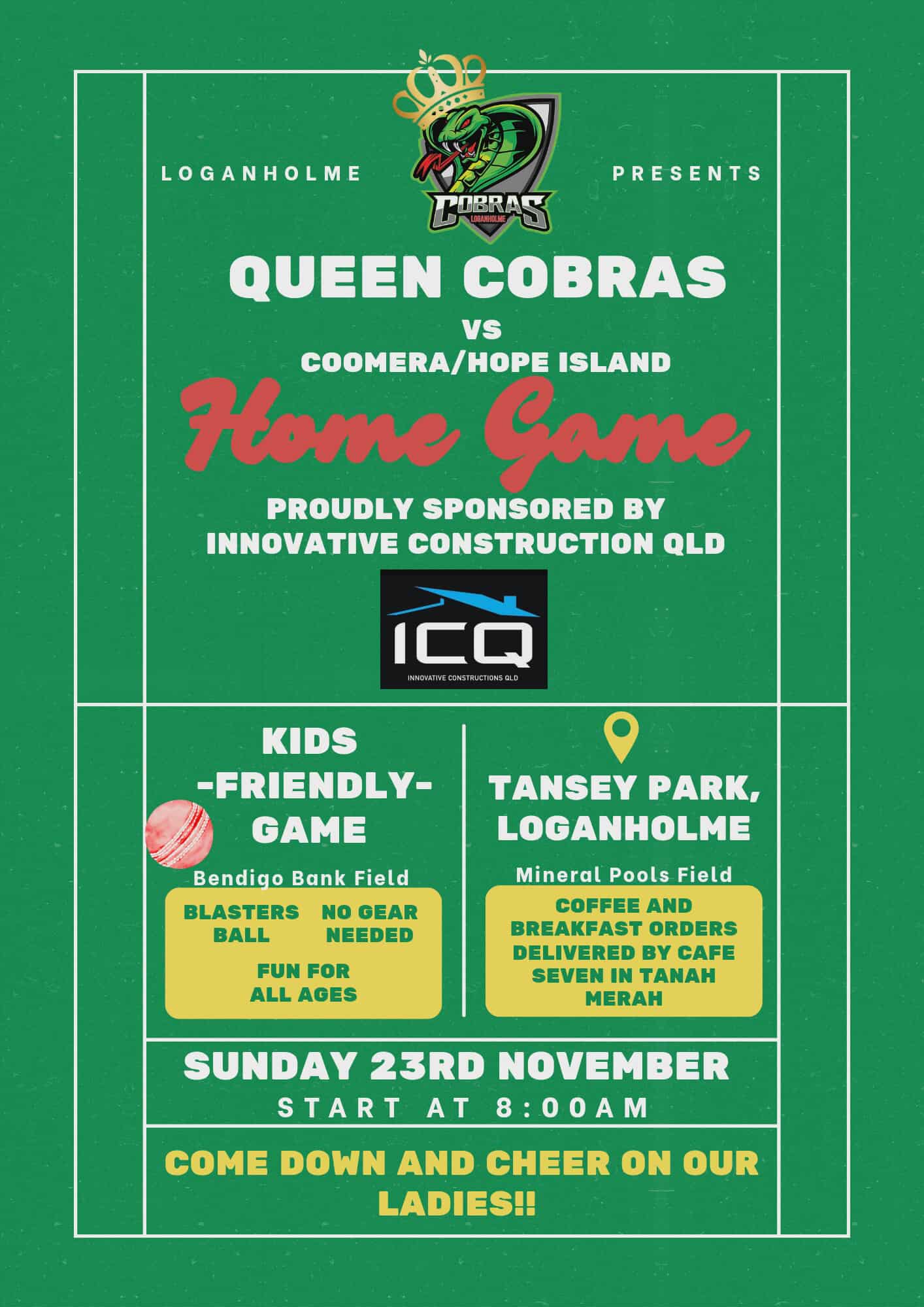 👑👑👑 QUEEN COBRAS HOME GAME!
Our ladies Queen Cobras Team have their first home game this Sunday, and we would be thrilled to have as many people as possible come down and cheer them on as we take on Coomera/Hope Island!
📅 Sunday 23rd November
⏰ 8am
📍 Tansey Park, @mineralpoolsqld Oval
Go the mighty Cobras 🐍🐍🐍