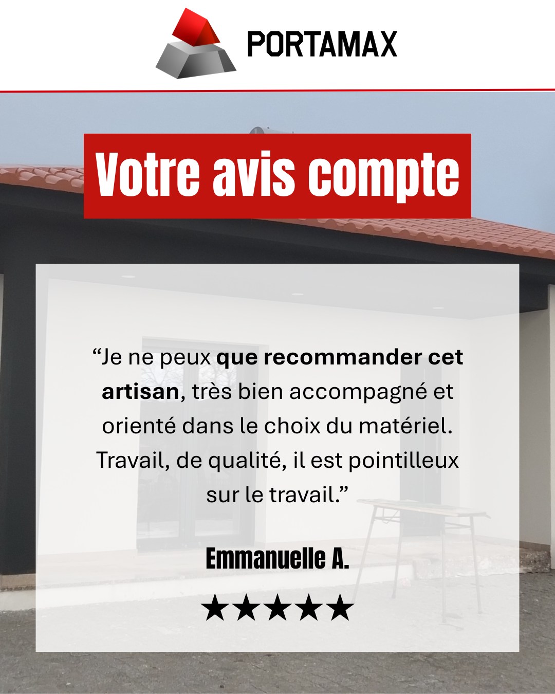 ⭐ Chez Portamax, vos retours sont essentiels.
Chaque projet est unique, et votre satisfaction est notre plus belle récompense.
Nous remercions chaleureusement Emmanuelle A. pour sa confiance et son témoignage.
🙌 C’est grâce à vos avis que nous continuons à nous dépasser chaque jour.
Merci à tous nos clients pour leur confiance !
#Portamax #AvisClient #SatisfactionClient #Qualité #Artisanat #PortesEtFermetures