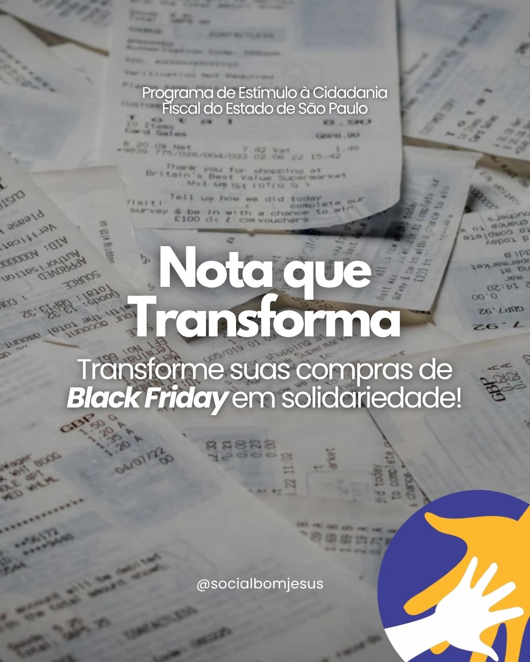 Nesta Black Friday , você pode fazer muito mais do que compras pode ajudar a transformar a vida de muitas crianças com um simples gesto de solidariedade.
Ao doar sua Nota Fiscal Paulista para o Social Bom Jesus, você contribui diretamente para a manutenção dos nossos projetos sociais e nos ajuda a levar alegria, afeto e dignidade para quem mais precisa.
🎄 Cada nota doada vira oportunidade.
🎁 Cada CPF solidário vira presente.
💛 Cada gesto conta — e transforma.
Como doar:
1. Acesse o site ou app da Nota Fiscal Paulista.
2. Escolha o Social Bom Jesus como entidade beneficiada.
3. Vá as compras e Peça a nota fiscal com CPF.
Você não gasta nada a mais com isso e sua doação automática pode aumentar o valor do crédito da ONG, o que fortalece a continuidade de seus projetos
Sua nota vale mais do que você imagina. 😍
Saiba mais em nosso site > socialbomjesus.org.br
#doe #doecomnotafiscalpaulista #notapaulista #ONG #projetosocial