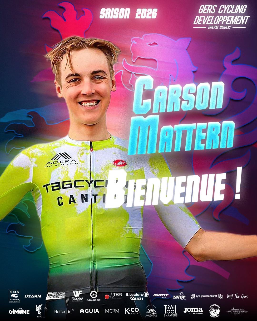 🚨 Recrutement – U23 / Saison 2026
Le Gers Cycling Développement accueille Carson Mattern au sein de la team U23 💪💛
À seulement 20 ans, Carson arrive avec un parcours déjà impressionnant. Triple champion du monde junior, titré en poursuite individuelle, omnium et scratch, il a aussi brillé en Madison avec une médaille mondiale en équipe.
Avec le Canada, il s’est déjà frotté au très haut niveau : Mondiaux élite, Top 8 mondial en poursuite par équipes, Coupe des Nations… Un profil complet, solide, qui avance avec constance et humilité.
Sur la route, Carson a confirmé son potentiel avec un podium national en contre-la-montre et une 3ᵉ place sur la course en ligne chez les juniors.
👉 Ce qui nous inspire : son envie de progresser en Europe, son état d’esprit, et sa capacité à s’investir dans un collectif exigeant.
Bienvenue dans la famille GCD, @carson.mattern 👊
On avance ensemble. On rêve plus grand, ensemble 🚀
🚨 Recruitment – U23 / 2026 Season
Gers Cycling Développement is thrilled to welcome Carson Mattern to our U23 team 💪💛
On the road, Carson confirmed his talent with a silver medal in the junior time trial and a bronze in the road race at the Canadian National Championships.
👉 What inspires us: his ambition to grow in Europe, his mindset, and his commitment to a high-performance, hard-working collective.
Welcome to the GCD family, Carson 👊
Moving forward together. Dreaming bigger, together 🚀
#GersCyclingDevo #Season2026 #TeamU23 #TeamGCD #dreambigger
VVF @crealudiffusion @eleclercauch @sosparebrisepluslislejourdain @21street_gaming @jomasport @groupamaoc @lacdelagimone.fr @reflectin.fr
@lasallesaintchristophe STSI @chateausaintmartory GUIA @kcocafe
@nvdp_bikefitting @tbrsportperformance MC3M @commune.capdastarac @commune_pujaudran final video