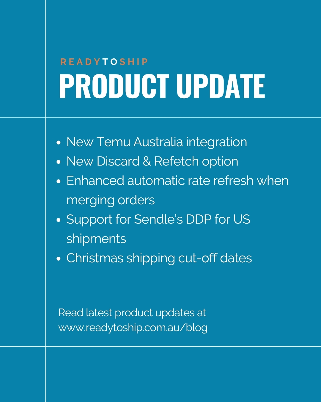 Major Product Update from ReadyToShip â November 2025
â
New Discard & Refetch option for individual orders, quickly update changed order details and re-import with ease
â
Enhanced automatic rate refresh when merging orders, merged orders now display correct combined shipping weight and cost
â
Full integration with @temu_au. Generate shipping labels for Temu marketplace orders directly in ReadyToShip
â
Support for @sendle le DDP (Delivered Duty Paid) for US shipments, quotes now include all duties and taxes without third-party customs apps
â
Updated holiday-season shipping cut-off dates, stay prepared and keep fulfilment running smoothly
đĄ Compliance & Regulatory Update:
For US shipments via Sendleâs DDP service, ensure each item includes a valid 10-digit US HS Tariff Code, Country of Origin, detailed goods description and product value.
đ Full product update via link in bio