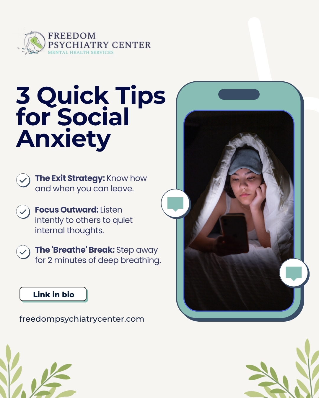 With the weekend approaching, social gatherings can feel more draining than exciting for those with social anxiety. It's okay to feel nervous. Here are three quick strategies to help you navigate social situations with a bit more ease. Remember, you can always step away to breathe.
#SocialAnxiety #SocialAnxietyTips #WeekendVibes #MentalWellness #FreedomPsychiatry #CopingSkills #AnxietyRelief #BeKindToYourMind