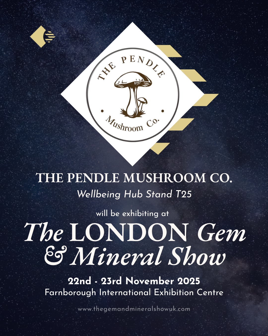 ✨ Exhibitor Spotlight: The Pendle Mushroom Co. - Wellbeing Hub, T25!
We are delighted to welcome The Pendle Mushroom Co. @the_pendle_mushroom_co to the Wellbeing Hub at The London Gem & Mineral Show!
The Pendle Mushroom Company is one of North West England's leading growers of gourmet and health-giving fungi. They specialise in double extracted liquid fungi supplements, offering natural ways to support wellness and vitality. Stop by to learn about the incredible health benefits of functional mushrooms and discover their quality offerings.
Visit Wellbeing Hub Stand T25 to explore their range of gourmet and health-boosting fungi products!