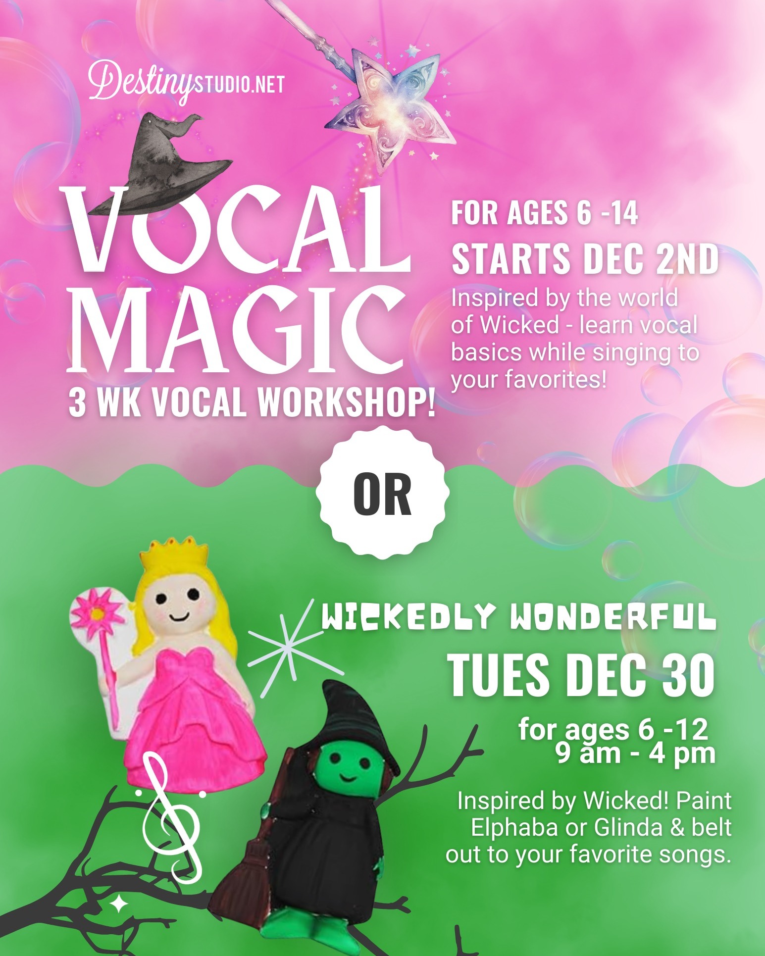 Wicked fans… rise up. 🌪️💚
With Wicked: For Good dropping tomorrow, we’re celebrating with TWO experiences inspired by the magic and the music of the story we all love.
✨ Vocal Magic Workshop | Dec 2 - 17 for ages 6-14
A 3-week beginner-friendly workshop for singers ages 6–14, featuring vocal basics and songs inspired by their favorite Wicked-era moments.
✨ Wickedly Wonderful Camp | Dec 30th for ages 6-12
A one-day watch party, themed craft, and light vocal coaching inspired by the world of Oz for ages 6–12. Cozy, creative, and totally magical-energy coded.
Comment for the link to sign up!
If your kiddo is in their emerald-city era, these are for them.
Spots are limited — don’t let them melt away. 💚