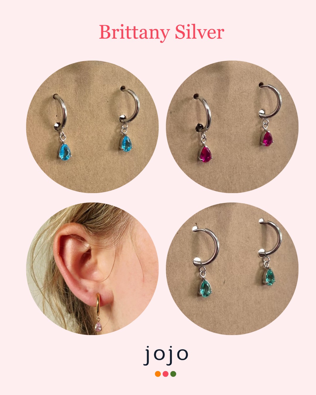 Our Brittany Silver earrings add that touch of colour. We have four colours to choose from, why pick just one?