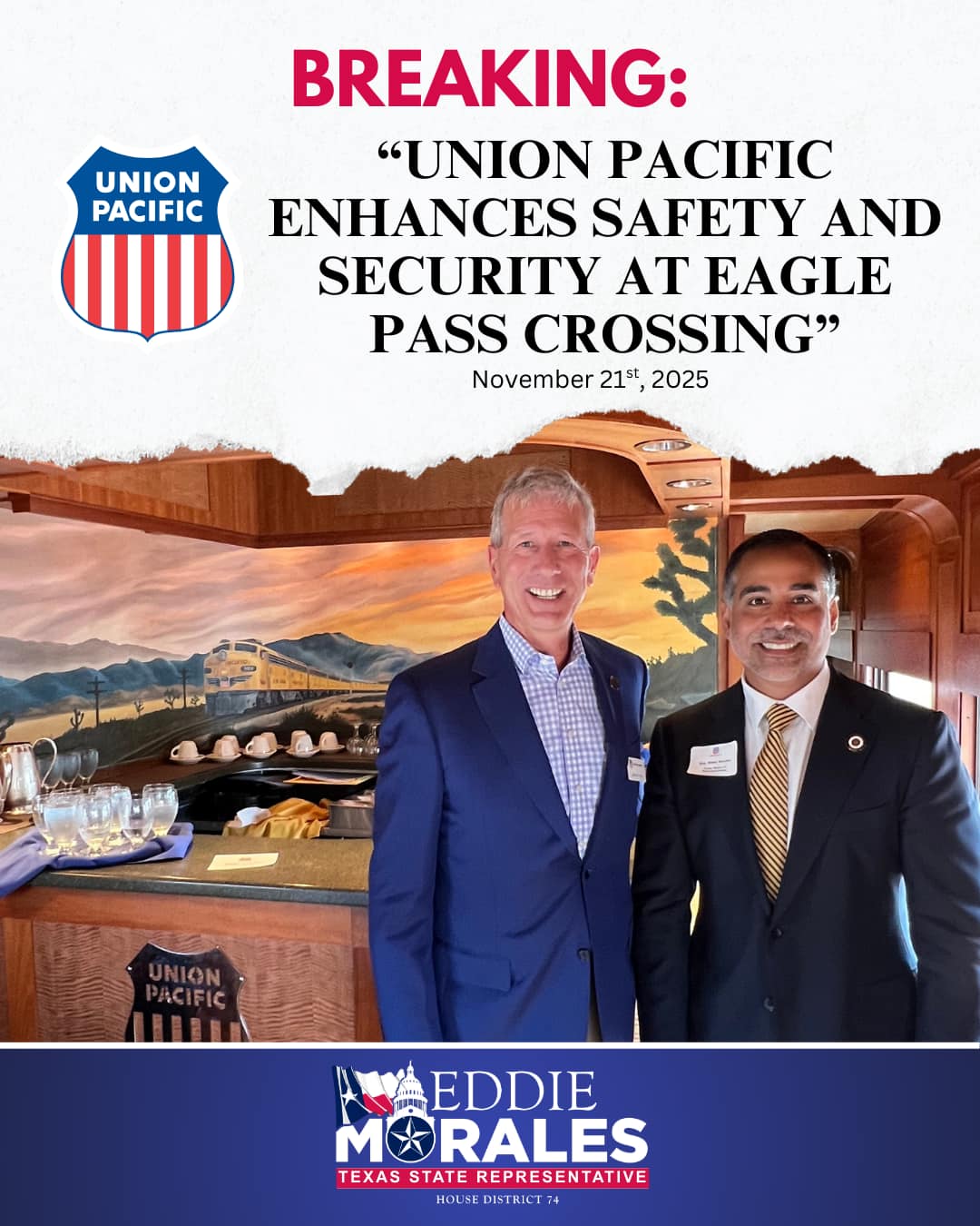 After hearing the concerns of blocked crossings, vandalism, security risks, and theft from Customs and Border Protection, for nearly 4 years I have worked diligently to bring stakeholders from CPB, Eagle Pass, Mexico, Union Pacific, and union workers to get to this point. This is great news!
While trains have routinely been stopped for over 30 to 40 minutes, under Union Pacific’s updated process, these transfer times will be cut by 50% and moved to the secure rail yard, improving safety, efficiency, and reducing blockages in our downtown intersections. In working with Customs and Border Protection, this issue was of utmost importance for the safety and security of our community.
I am proud of the work my office has done over these past few years on this issue and remain thankful for every stakeholder involved who worked together to get this accomplished. I am especially thankful to Union Pacific and their commitment to our community.