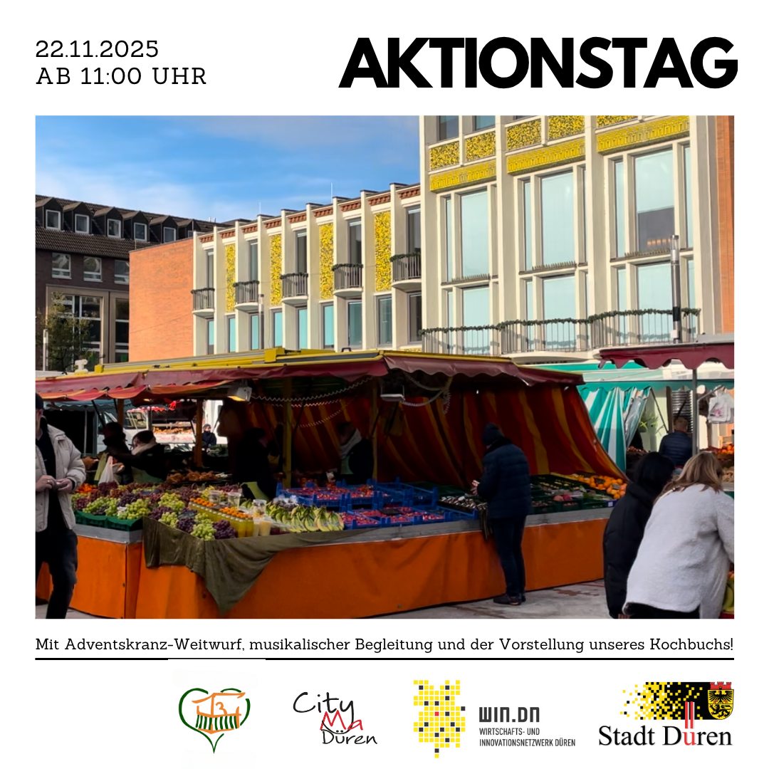 700 Jahre Wochenmarkt – Jubiläumsaktion! 🥔🥕🧀
-
Am Samstag feiern wir gemeinsam auf dem Wochenmarkt! Freut Euch auf:
✨Aktionen wie Adventskranz-Weitwurf
🌞Aktionen für Kinder wie das Spielmobil
🎶 Musikalische Begleitung
📖 Vorstellung unseres neuen Kochbuchs
Kommt vorbei, wir freuen uns auf Euch!🥳
@windn_gmbh @stadtdueren