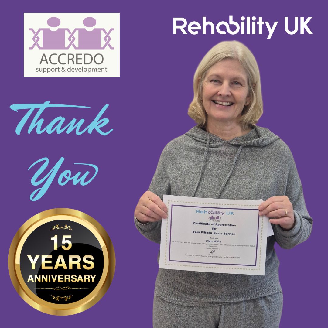 🌟 Celebrating 15 Years of Dedication – Thank You, Diane! 🌟
A huge congratulations to Diane White, who has officially completed 15 years of incredible service in Leicester! 🎉
Diane, your commitment, compassion, and professionalism have made a real difference to the people we support and to everyone who has had the pleasure of working alongside you. Your consistency, kindness, and unwavering dedication embody everything we value.
Thank you for all that you’ve contributed over the past decade and a half — here’s to many more milestones ahead! 💛
#RehabilityUK #LongService #TeamRehability #CelebratingSuccess #LeicesterServices
