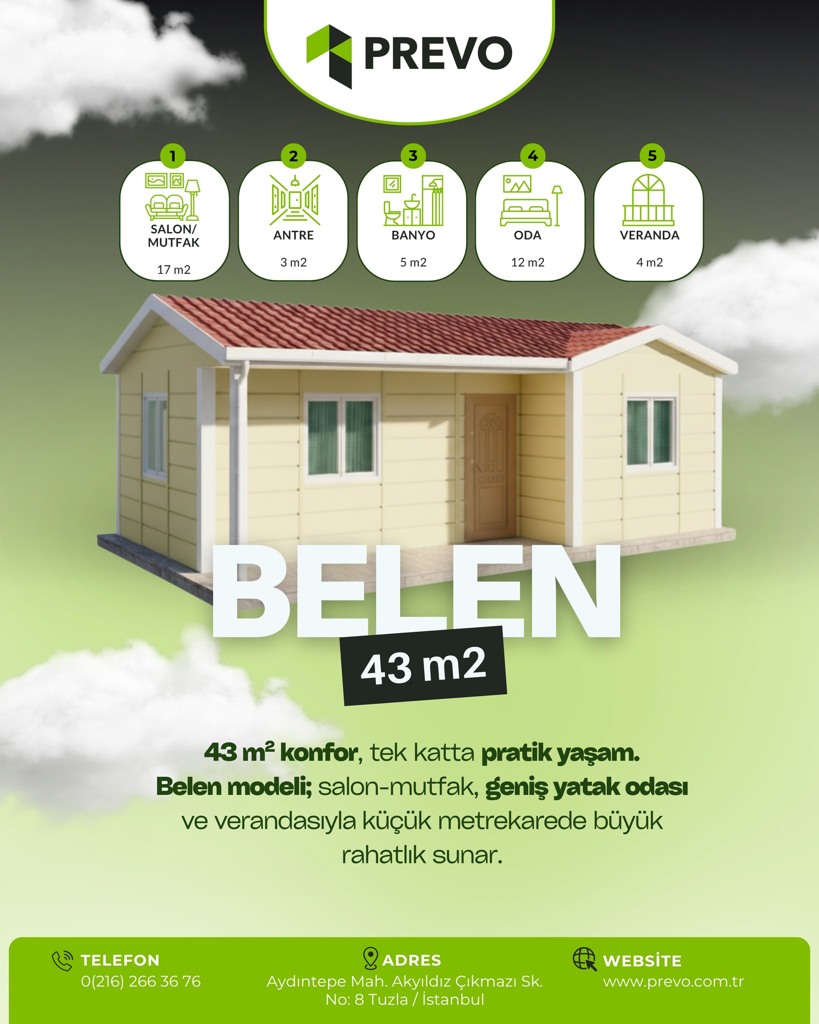 🏡 Belen ile Küçük Metrekarede Büyük Konfor!
43 m²’lik kompakt yapısıyla Belen modeli; salon–mutfak alanı, ferah yatak odası ve verandasıyla tek katta pratik ve rahat bir yaşam sunar.
Şehirden uzak huzurlu bir alan veya minimal yaşam isteyenler için ideal bir çözümdür.
#Prevo #BelenModeli #PrefabrikEv #HafifÇelik #ModülerMimari #AnahtarTeslim #MinimalYaşam #KompaktEv #FonksiyonelTasarım