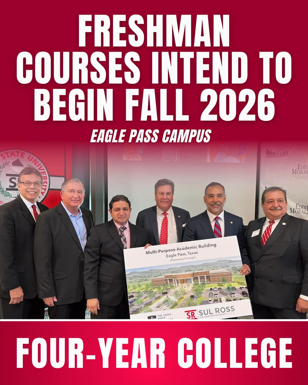 Since being elected to the Texas House of Representatives, I have been committed to expanding Sul Ross State University International to a full four-year college serving our region.
After passing HB 1022, Sul Ross State University Eagle Pass campus intends, pending final approval by the regional accreditor, to be offering freshman courses beginning Fall 2026. This is HISTORIC news for our region and an incredible opportunity for our students and individuals seeking their college degree!
The Texas State University System and Sull Ross State University are finalizing the purchase of 43 acres of land for the new Eagle Pass campus which will help build-up and transform our community. While we are still a few years out from the opening of this campus, there is no question that the future for our region is bright!
I am thankful for the commitment of the Texas State University System and Sul Ross State University for their continued belief in our communities and expanding access to opportunity for our students.