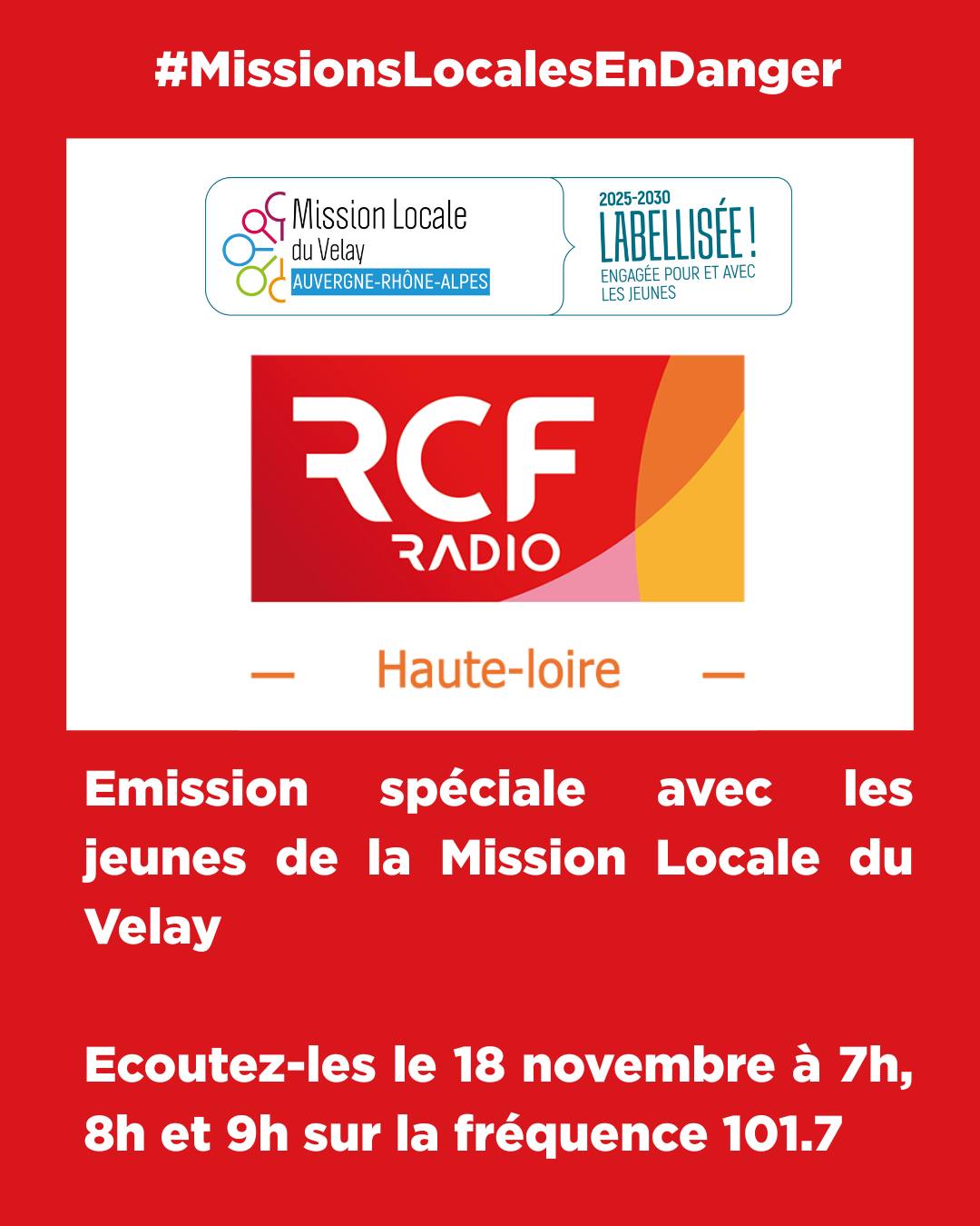 Les bénéfices de la Mission Locale sont toujours mieux racontés par les jeunes eux-mêmes !
Quatre jeunes de la Mission Locale du Velay ont été interviewés, écoutez-les demain (le 18 novembre) sur les ondes de Rcf Haute Loire à 7h, 8h et 9h sur la fréquence 101.7.
*reportage d'environ 1m30.
#missionslocalesendanger #missionlocale #lepuyenvelay #hauteloire @mlj_aura @rcfradio