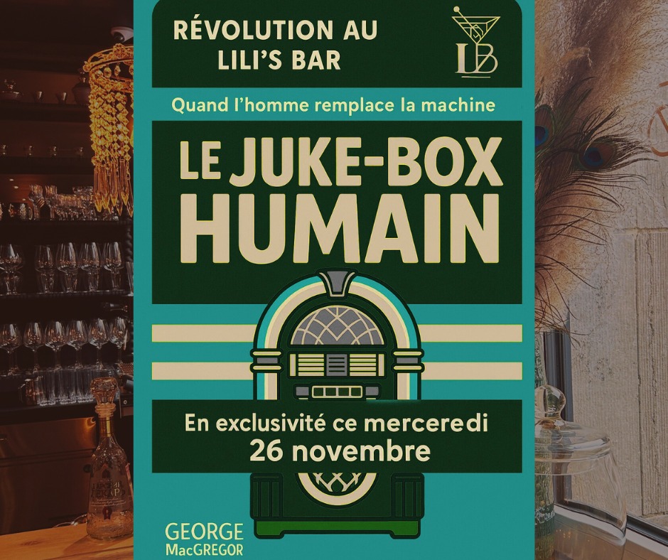 🌟🎉 Épicurieux, es-tu prêt ? 🎉🌟
Prépare-toi à vivre une soirée totalement inédite le 26 au Lili's Bar !
Mercredi prochain, à partir de 18h30, on t'attend pour un événement exclusif qui va faire vibrer ta soirée : la Soirée Jukebox Humain ! 🤩
C’est TOI qui prends le contrôle de la playlist ! 🎶
Choisis tes morceaux préférés et laisse-toi t'offrir une ambiance de folie avec de la musique live. 🎤
Et le meilleur dans tout ça ? C'est GRATUIT ! 🎶 Alors, qu'est-ce que tu attends ?
📲 Réserve dès maintenant en message privé ou sur notre site www.lilisbar.be.
Viens, ça va déchirer ! ✨🥳