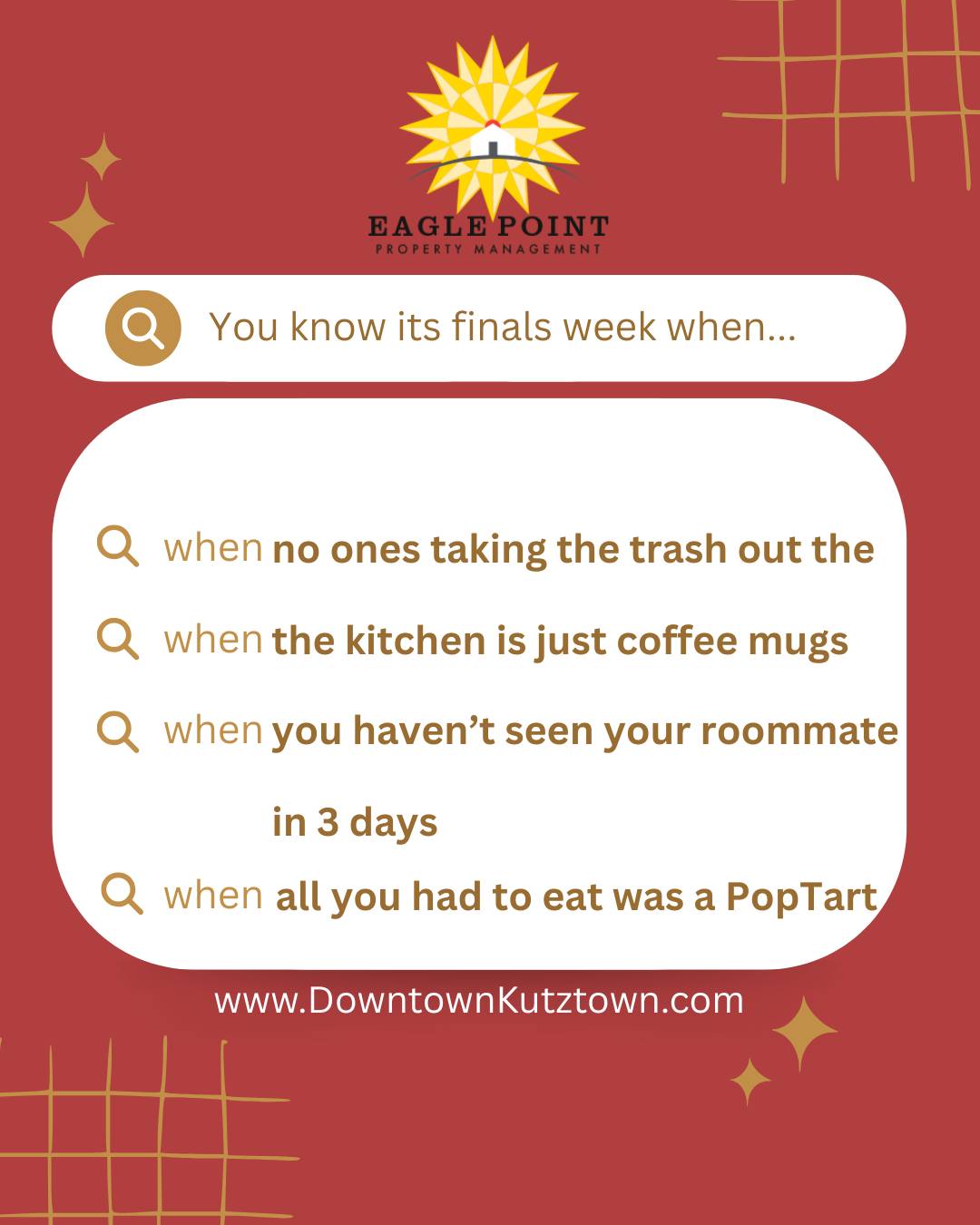 Cheering you on as you power through finals week! 📖 Remember to stop by the resident clubhouse and use the study rooms while enjoying free coffee, treats, and printing! ☺️#eaglepoint #downtownkutztown #KU #goldenbears #kutztownuniversity #livehowyouwantto #EPPM #December #Finals #goodluck #exams