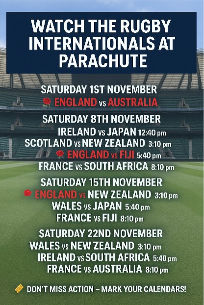 Don't forget that we're showing the rugby tomorrow, the 22nd November !! Also we will be having a special opening on Sunday, 23rd of November specifically to show the rugby games happening as well as food for you to enjoy while you watch.
