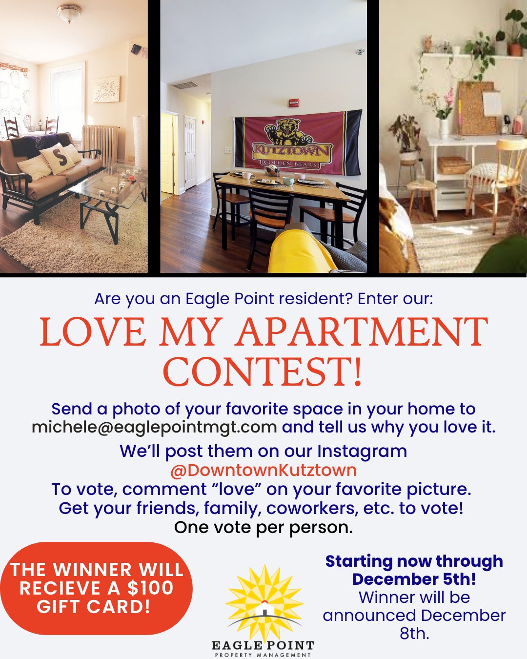 📸 From cozy corners to decorated doors—snap a pic that shows off why you ❤️ your place! #eaglepoint #downtownkutztown #KU #goldenbears #kutztownuniversity #livehowyouwantto #EPPM #November #contests #collegelife