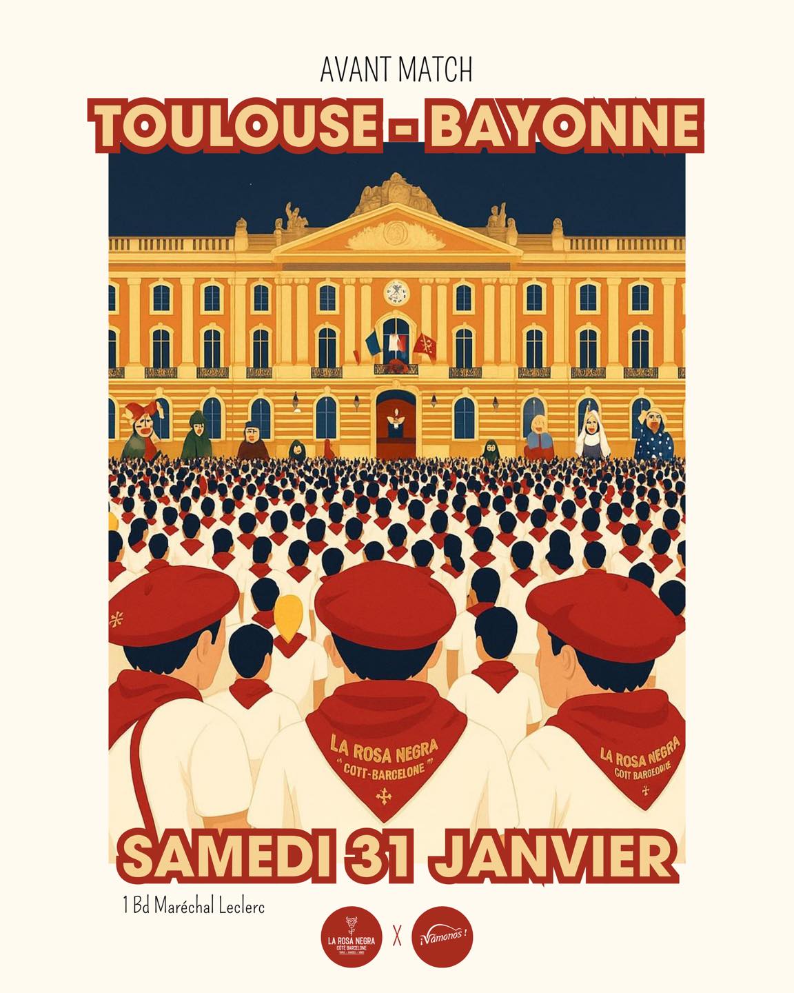 AVANT-MATCH : STADE TOULOUSAIN / BAYONNE 🏉
La mythique journée basque est de retour ce samedi 31 janvier !
Viens vivre une ambiance de folie et te chauffer avant le choc Toulouse / Bayonne, au rythme de la vraie bringue 🔥
📅 Samedi 31 janvier
⏰ Dès 12h
Ne rate surtout pas ce rendez-vous incontournable !
#StadeToulousain #Bayonne #AvantMatch #JournéeBasque #Rugby #Top14 #Ambiance #Fête #Supporters #RugbyLife #Toulouse #BayonneRugby #MatchDay #RugbyFamily