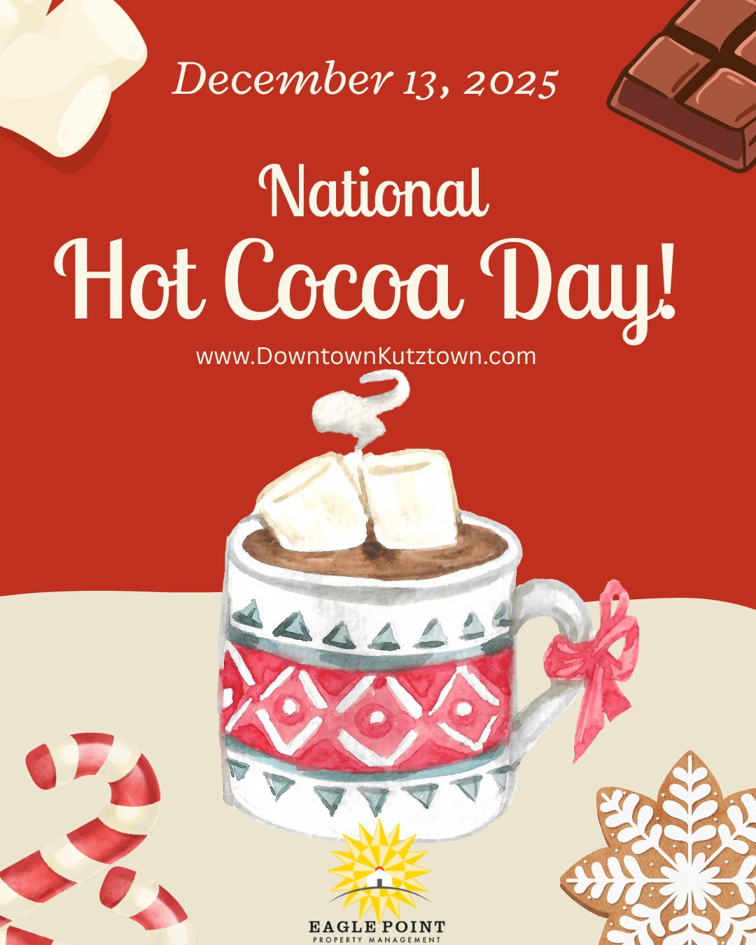 It’s National Cocoa Day and we need to know:
☕ Whipped cream or marshmallows? Drop your pick below 👇 #eaglepoint #downtownkutztown #KU #goldenbears #kutztownuniversity #livehowyouwantto #EPPM #December #winter #HotCocoa