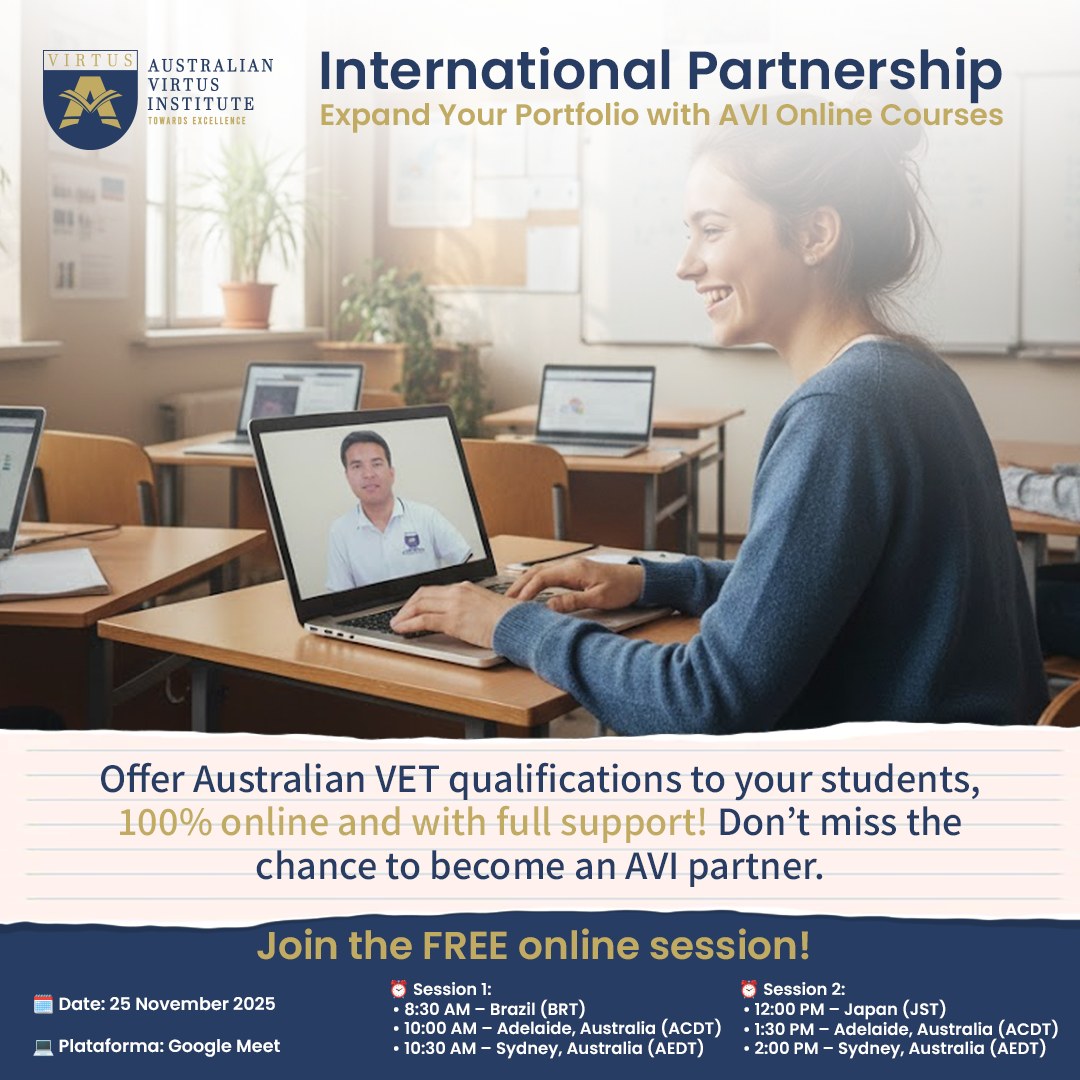🌟 Transform your educational portfolio! 🌟
Don’t miss the chance to expand your offerings with 100% online Australian VET qualifications! Join our exclusive online session with Australian Virtus Institute and discover how you can offer top-tier courses to your students without leaving the country!
📅 Date: 25th November 2025
💻 Platform: Google Meet
➡️ What you'll learn:
✔️ How the AVI partnership works
✔️ Course structures, evaluation methods, and student support
✔️ How international students can study from anywhere
✔️ How easy it is to promote our programs to your clients
Secure your spot now and start offering international qualifications!
Send us a direct message and we'll send you the Google Meet link for the call.
