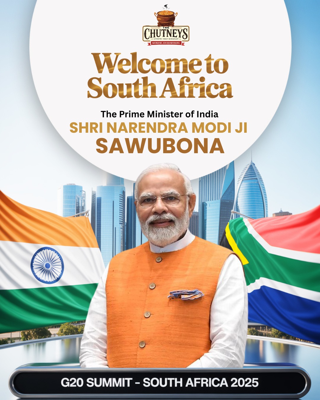 It is our privilege at Chutney’s to welcome the Prime Minister of India to South Africa for the G20 Summit 2025.
A moment that celebrates unity, collaboration and shared global vision.
Follow us on social media for more info👇
Insta - @thechutneysrestaurant https://www.instagram.com/thechutneysrestaurant?igsh=ZXo0bzg2ZHlwcWlh&utm_source=qr
Fb - https://www.facebook.com/thechutneys
Web - https://www.thechutneys.co.za
@indiainjoburg
#thechutneys #G20SouthAfrica #IndiaInSA #GlobalPartnerships #Leadership #johannesburg