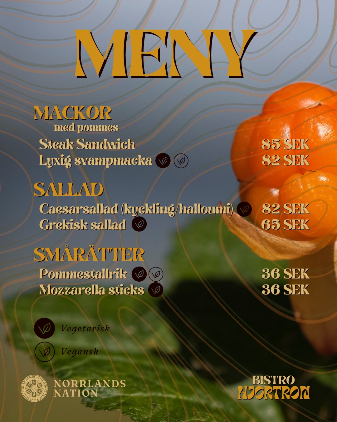 Varmt välkomna till Bistro Hjortron 26/11 kl. 17:30-21:00.
Här finner ni menyn för kvällen.
Säkra en plats genom att boka bord i Facebook-eventet senast måndag 24/11. Gratis inträde på ABBAGON klubb därefter!
___
A warm welcome to Bistro Hjortron on 26/11, 17:30-21:00.
Here you will find the menu for the evening.
Secure your place by booking a table in the Facebook event, no later than Monday 24/11. Free admission to ABBAGON club afterwards!