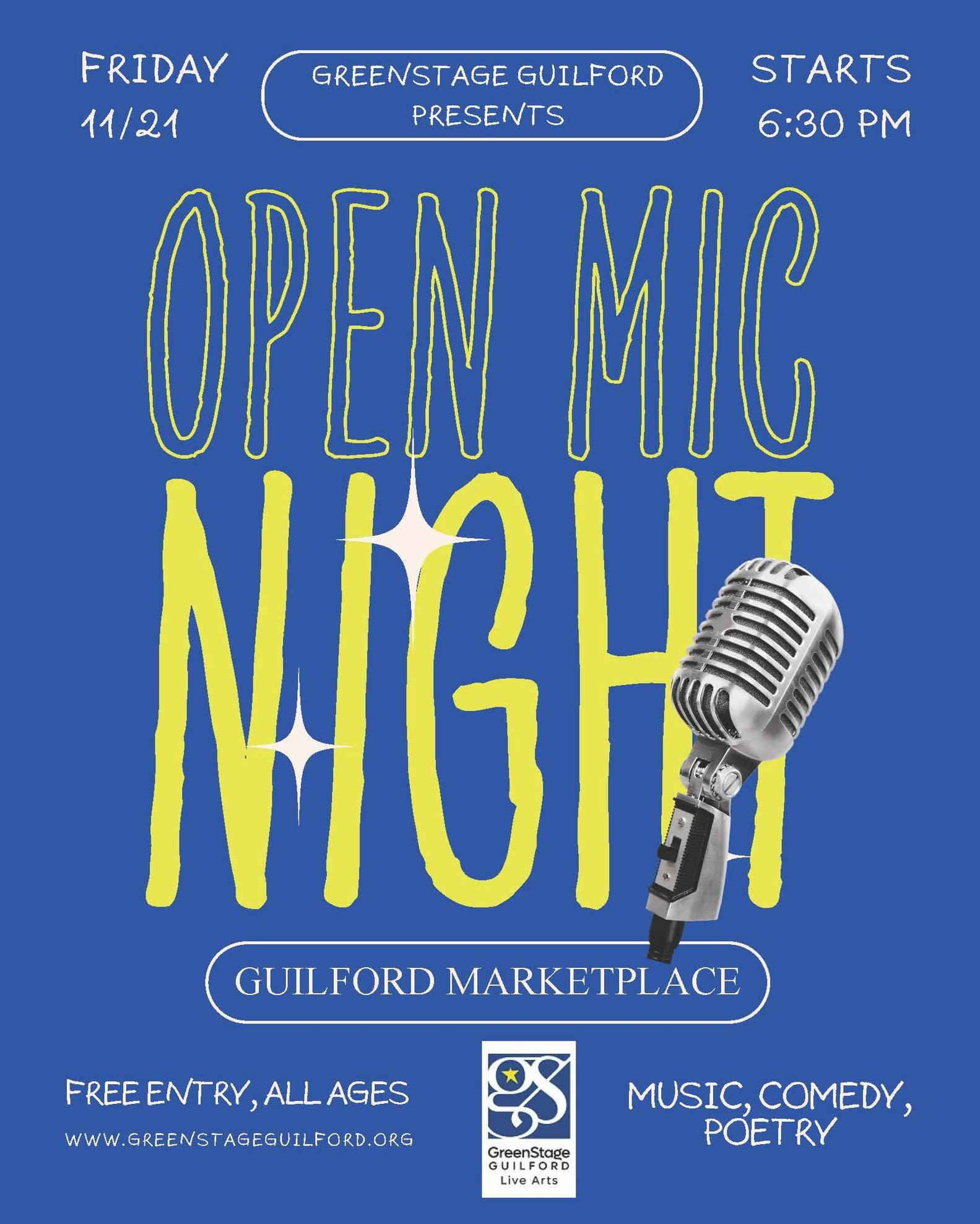 🎤 OPEN MIC NIGHT — TOMORROW, FRIDAY 11/21! 🌟
We love partnering up with @greenstageguilford for a fun and creative night out in Guilford! Come support the arts, grab some food, and kick off your weekend with community + creativity! 🎶
📅 Friday, 11/21
⏰ Starts at 6:30 PM
📍 The Marketplace at Guilford Food Center
✨ Free entry • All ages • Learn more: www.greenstageguilford.org
🎙️💫