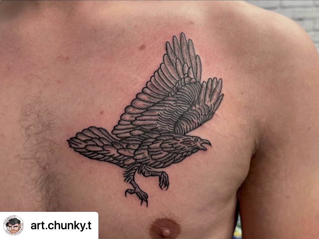 @art.chunky.t Mad sick wood cut style raven for @_harry_alexander213 today! Thanks again dude!