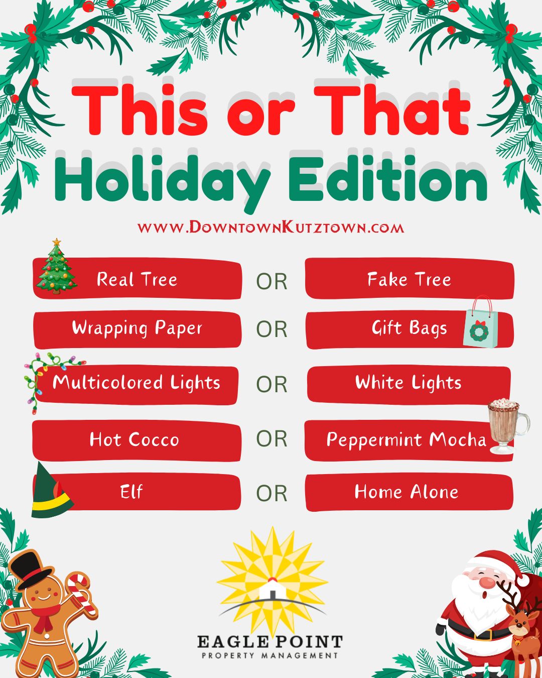 We need to know: where do you stand on these holiday classics? ❄️🎄#eaglepoint #downtownkutztown #KU #goldenbears #kutztownuniversity #livehowyouwantto #EPPM #December #HappyHolidays #Holidays