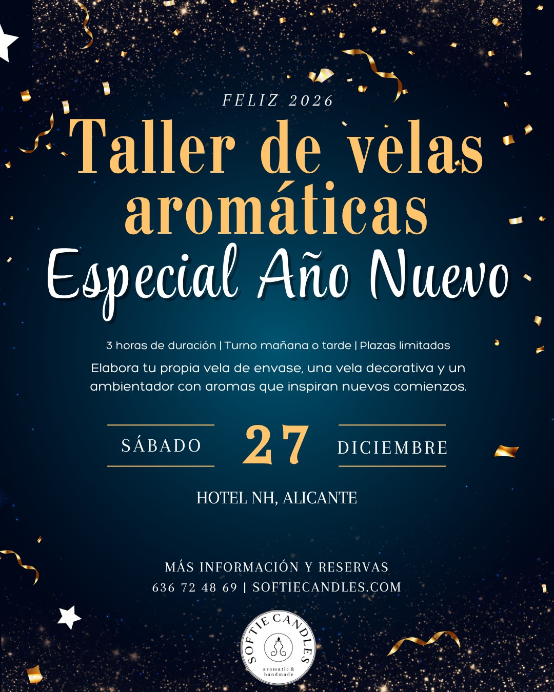 🌟✨ Un nuevo año está a punto de comenzar… ¡y nada mejor que recibirlo creando algo hermoso con tus propias manos!
El sábado 27 de diciembre te esperamos en Alicante en nuestro 🕯️ Taller de Velas Aromáticas: Especial Año Nuevo, una experiencia creativa y sensorial para despedir el año con calma y dar la bienvenida a nuevos comienzos llenos de luz.
Elaborarás una vela de envase grande, una vela decorativa en forma de copo de nieve ❄️ y un ambientador sólido aromático, perfecto para perfumar tu armario o cualquier rincón especial.
Aromas inspiradores, un ambiente relajado y toda la magia de cerrar el año de la forma más bonita ✨
💌 Incluye todos los materiales naturales, utensilios, picoteo 🥐 y regalo sorpresa 🎁
📅 Sábado 27 de diciembre (Turno de mañana o tarde)
📍 Hotel NH, Alicante
Plazas limitadas — ¡reserva la tuya y empieza el año rodeada de creatividad, aromas y buena energía! ✨
#TallerDeVelas #TallerDeNavidad #TallerAñoNuevo #VelasAromáticas #VelasArtesanales #VelasDeSoja #CandleWorkshop #CandleMaking #Navidad2025 #AñoNuevo2025 #Alicante #PlanesEnAlicante #NavidadEnAlicante #ManualidadesCreativas #Planazo #HechoAMano #Artesaní