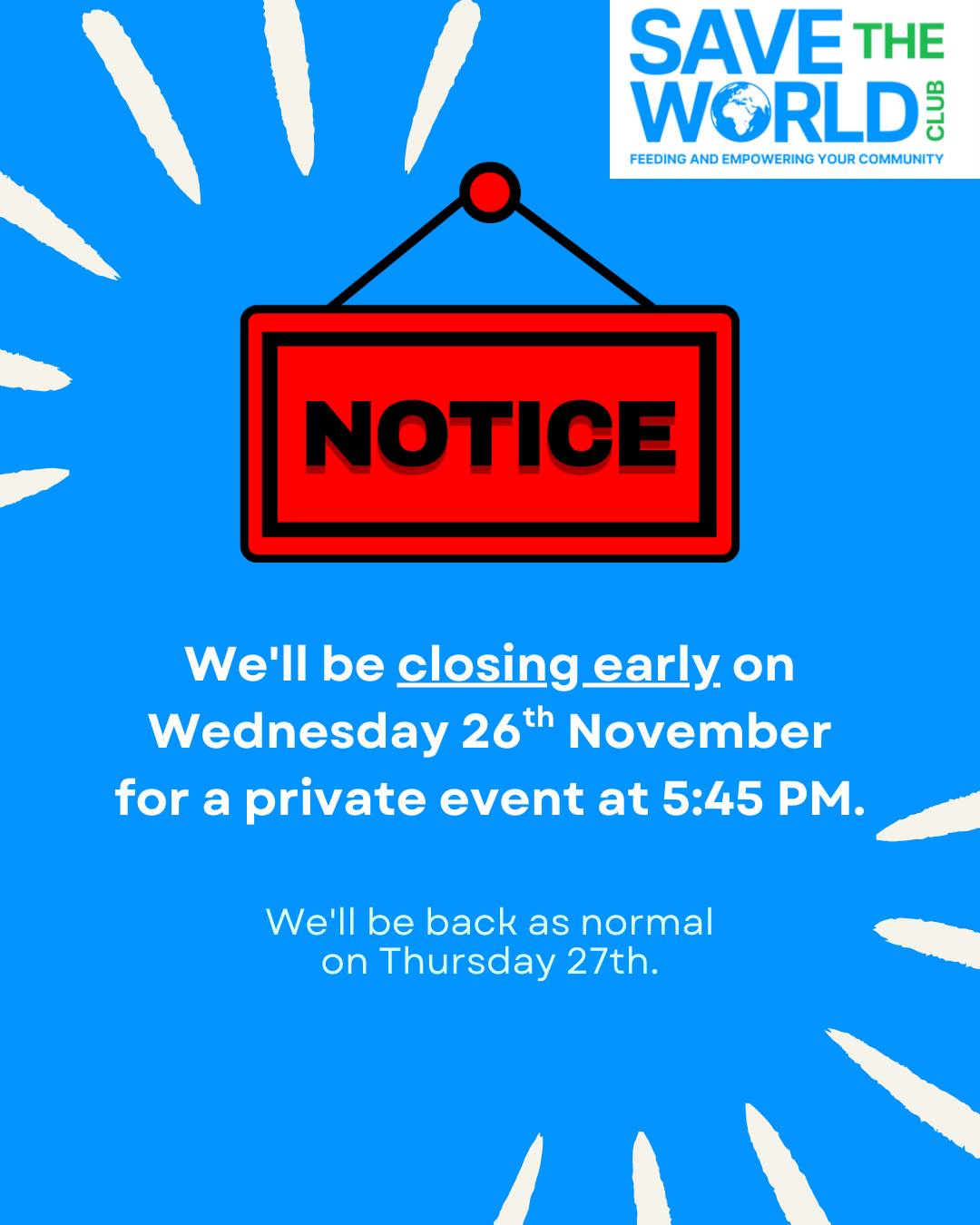 Notice!! Please be aware we will close slightly earlier (5:45pm) tomorrow (Wednesday 26th November) for a private event. We will be open again as normal the following day.
We apologise for any inconvenience caused and thank you for your understanding.
#Closure #closed #PrivateEvent #kingstonuponthames #kingston #surbiton #tolworth #newmalden #chessington