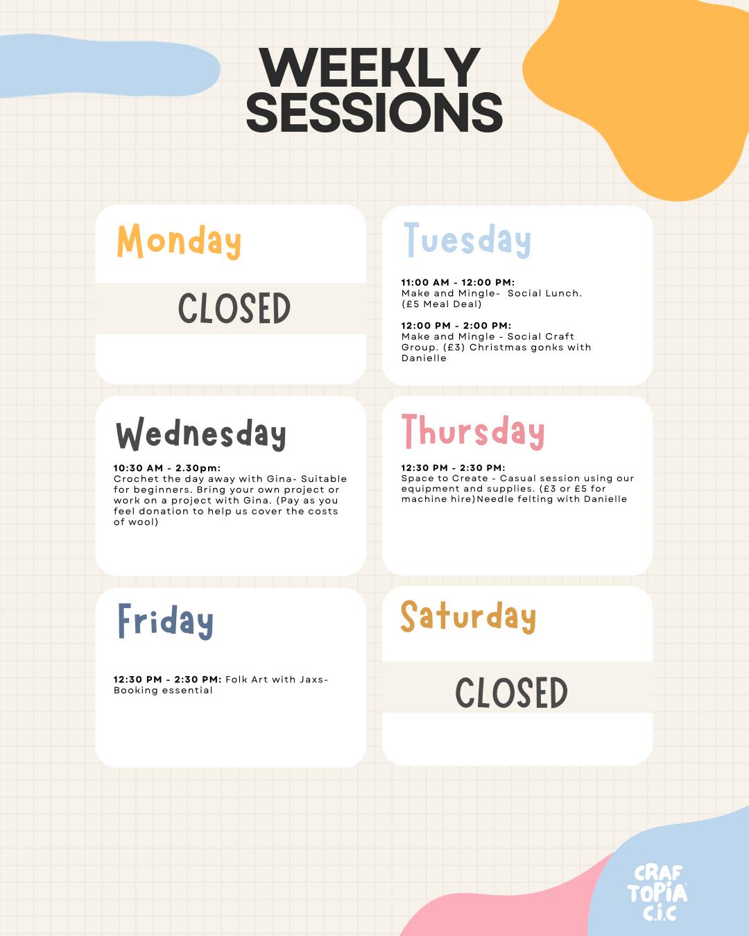 ✨✨✨ THIS WEEK ✨✨✨
You’re in for a treat guys. Danielle will be running our Tuesday Make & Mingle session making Christmas gonks. As well as the Space to Create session where she’ll be doing some needle felting. 🎅🏻🎄
You’ll also have Gina on Wednesday as usual, for Crochet the Day Away. 🧶🧶🧶And Jax for folk art Friday! 👩🏼🎨
We can’t wait to see you all. 💖
Sammie x