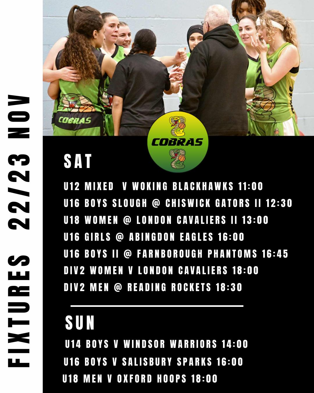 Weekend ahead - supporters welcome to all home games!!
SAT: U12 mixed 📍BWC - Div2 Women 📍Grove Academy
SUN: U14 Boys/U16 Boys I & U18 Men 📍BWC
Good luck 🐍🏀