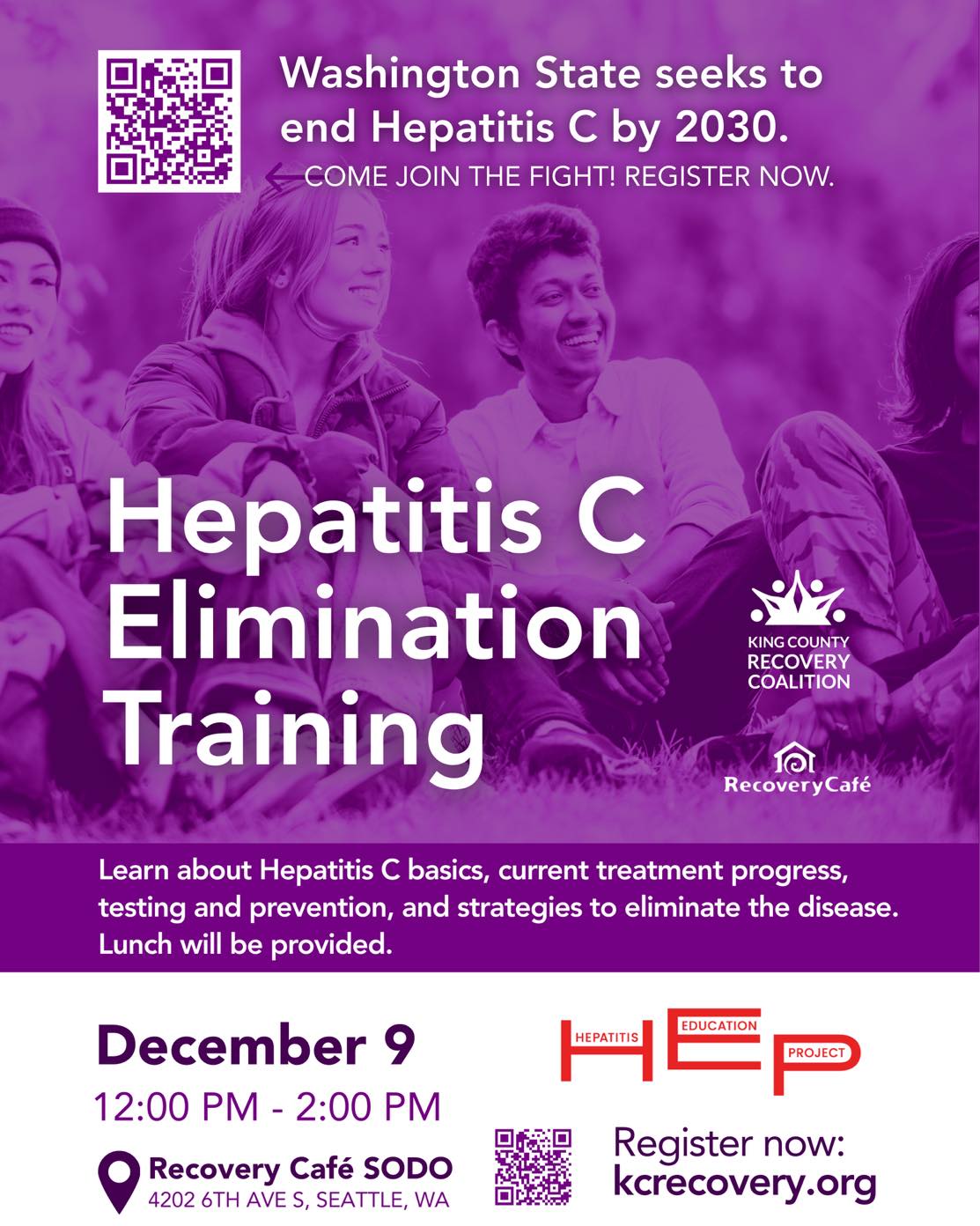 Join us on December 9 for a community training focused on understanding hepatitis C and what it takes to eliminate it in Washington. This session will cover the basics of hepatitis C, current treatment options, prevention strategies, and the progress being made statewide. Participants will also learn practical steps they can take in their roles to support individuals affected by hepatitis C.
This training is ideal for case managers, peer navigators, community health workers, social workers, and leaders from community-based organizations. Lunch will be provided.
December 9
12:00–2:00 PM
Recovery Café SODO
Hosted by King County Recovery Coalition, Recovery Café, and the Hepatitis Education Project.
Register here: kcrecovery.org/event-details/hepatitis-c-elimination-training