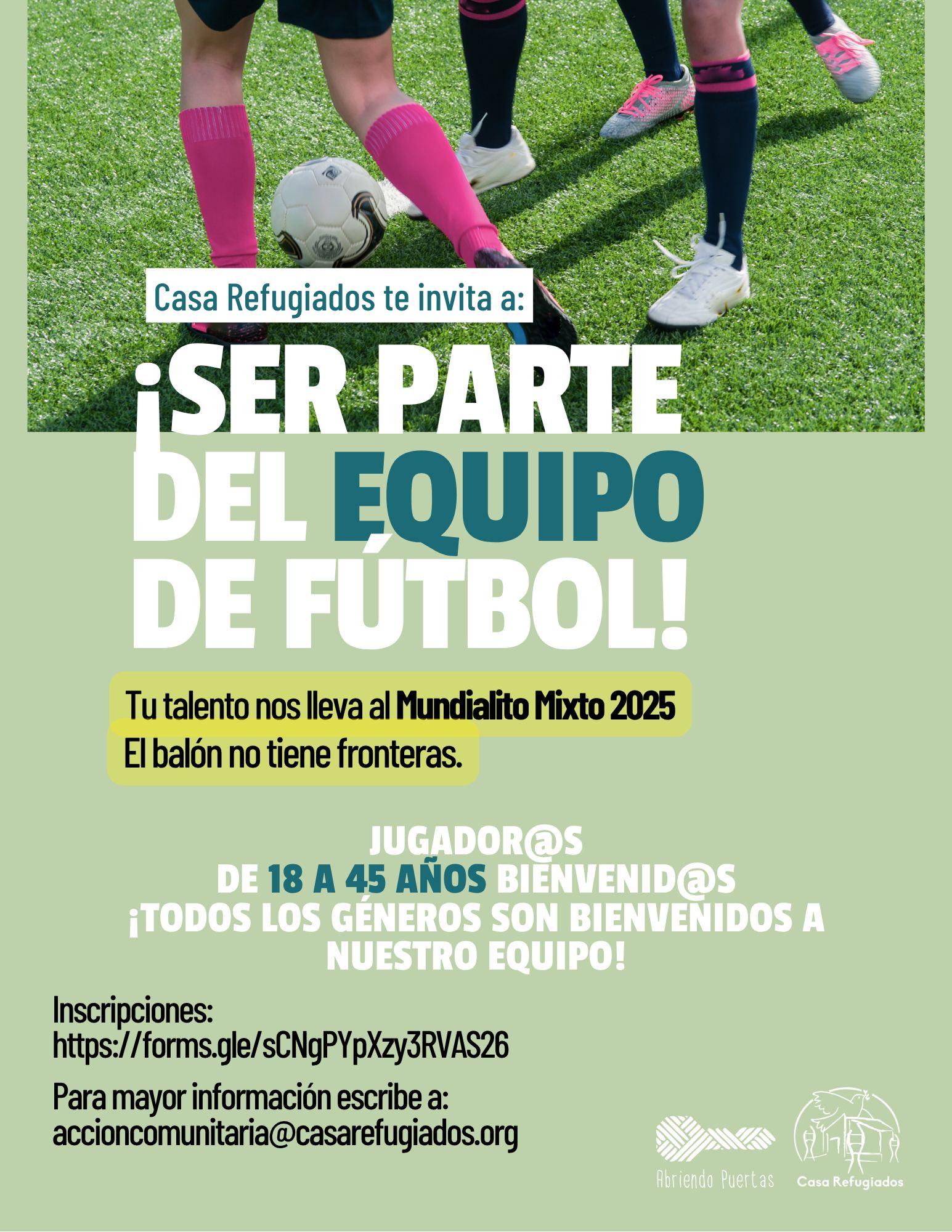 Casa Refugiados te convoca a ser parte del equipo de fútbol para el Mundialito Mixto 2025. En nuestra cancha, que es nuestra frecuencia común, la paz no se espera: se juega. El equipo no se impone: se construye con cada voz. Tu acción, nuestra narrativa global.
¿Listo para sintonizar? Solicita el formulario vía DM para registrare
#casarefugiados #solidaridadantelaincertidumbre #mundialitomixto