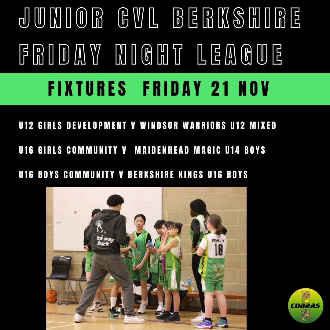 Game night! 🏀 Junior CVL Berkshire 🏀
Good luck to all Cobras teams playing this evening 🐍🏀
Want in on the action? Contact us to learn how to get involved.
📩 info@cobrasbasketballclub.com
#KidsBasketball #BasketballCulture #CobrasBasketball #bracknelltown #basketballlife #youthbasketball #basketballengland #YouthSport #CommunityBasketball #slough #sloughtown #wokingham #sloughbusiness #windsor #bracknellforest #bracknellbusiness #bracknellmums #bracknell