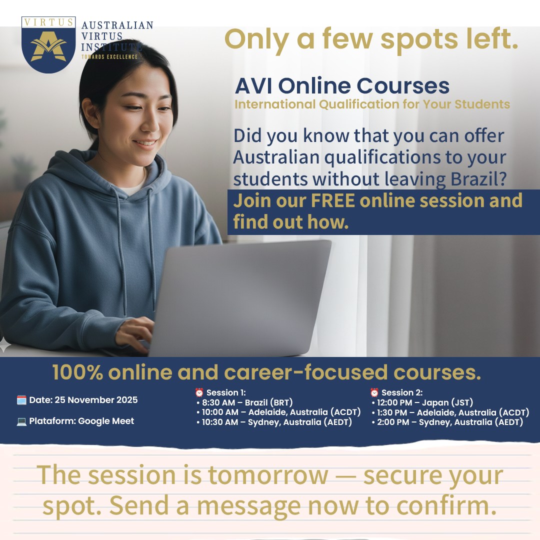 The session is tomorrow! 🚀
Only a few spots left to learn how your school or agency can offer Australian qualifications to students abroad.
Join our free online session and explore AVI’s 100% online, career-focused courses.
Send a message now to secure your spot.
#Astudyinaustralia #avi #AVIOnlineCourses