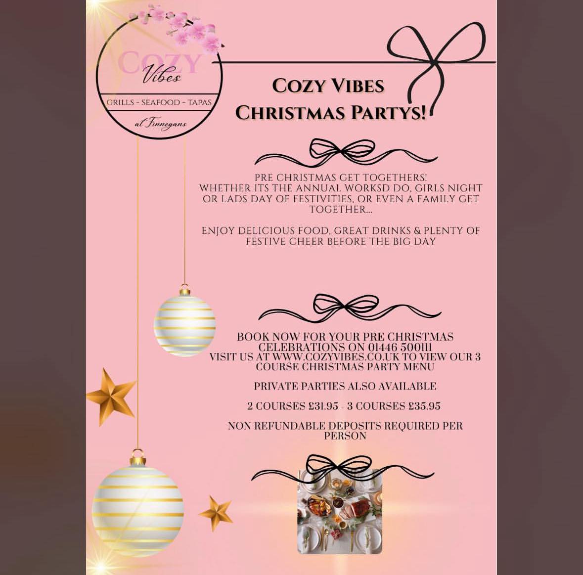 Itโs Christmas party season at Cozy Vibes! โจ
Girls night, lads night, work do or family get-together โ weโve got the festive vibes ready ๐
๐ผ
Delicious food, great drinks & all the cheer before the big day!
๐ Book now: 01446 500111
