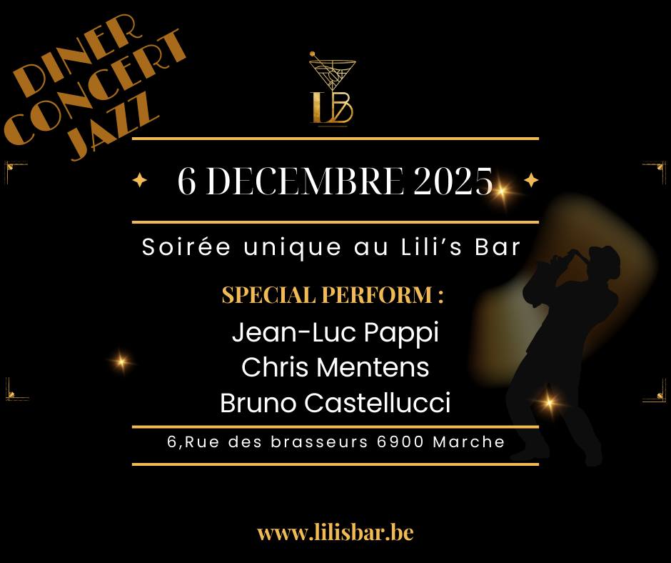 🎷 Soirée Jazz Exceptionnelle à ne pas Manquer ! 🎶
Plongez dans l'univers du jazz le 6 décembre 2025 au Lili's Bar pour une soirée unique en son genre ! Préparez-vous à être émerveillés par les talents incroyables de :
🎺 Jean-Luc Pappi
🎸 Chris Mentens
🥁 Bruno Castellucci
📍 Lieu : 6, Rue des Brasseurs, 6900 Marche
🌐 Infos : lilisbar.be
Réservez vite votre place et soyez prêts à vibrer au rythme du jazz ! Un événement à vivre absolument pour tous les passionnés de musique. 🌟🎶