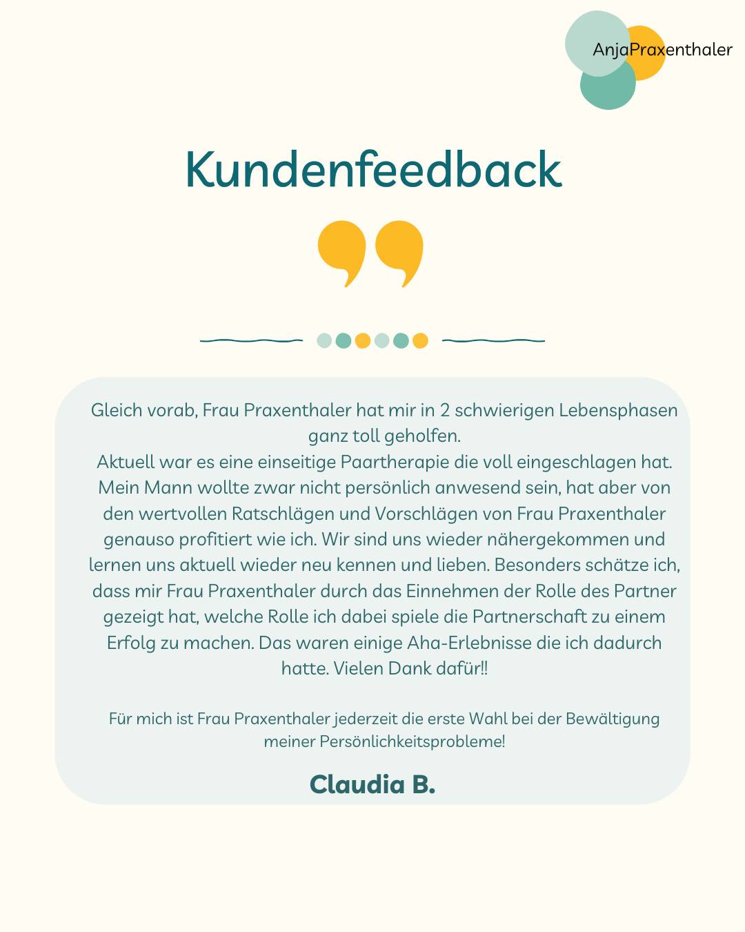 Ich freue mich über jedes Feedback meiner Kunden. Vielen Dank Claudia B.
#HeilpraktikerinFürPsychotherapie #PraxisPraxenthaler #AnjaPraxenthaler #Einzeltherapie #Paartherapie #Coaching #einzigartigunperfekt