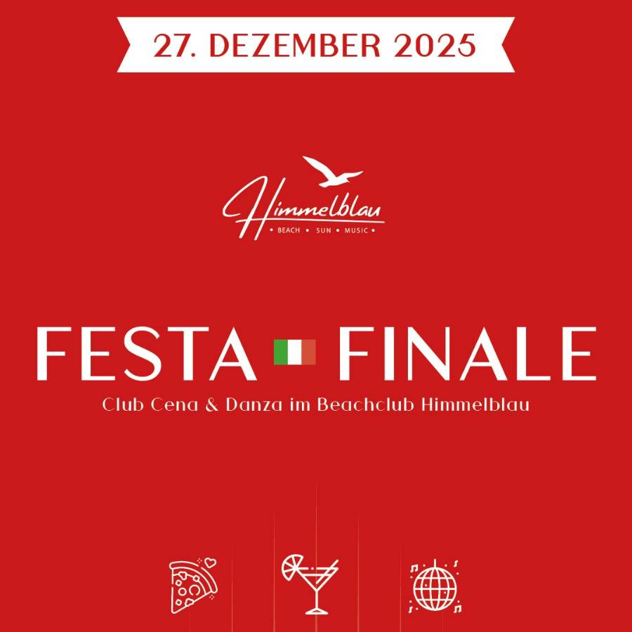 FESTA FINALE – Club Cena & Danza im Beachclub Himmelblau 🇮🇹
Gemeinsam mit dem Beachclub Himmelblau laden wir am 27. Dezember 2025 zu einem ganz besonderen Saisonabschluss: einer Nacht voller Dolce Vita, italienischem Genuss und Italo-Disco-Feeling.
Authentische Cucina Italiana, Live-Entertainment mit FAUSTA GALLELLI, DJ-Set von THE DISCONAUT und ein unvergleichbares Ambiente am Achtersee machen diesen Abend zu einem Highlight für alle, die Italien lieben.
Ein Event voller Musica, Ballo & Amore – und der perfekte Jahresausklang für Teams, Freund:innen und Genussmenschen.
👉 Jetzt Plätze sichern und Teil der Festa Finale werden!