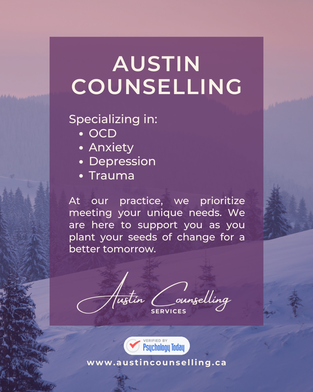 You aren’t alone. At Austin Counselling, we specialize in helping people navigate:
✔️ OCD
✔️ Anxiety
✔️ Depression
✔️ Trauma
We believe your journey is unique, and your counselling should be too. We are here to support you as you plant your seeds of change for a better tomorrow.
Call us at (403) 606-4809
Email: info@austincounselling.ca
Let’s take that next step together.
https://www.austincounselling.ca/