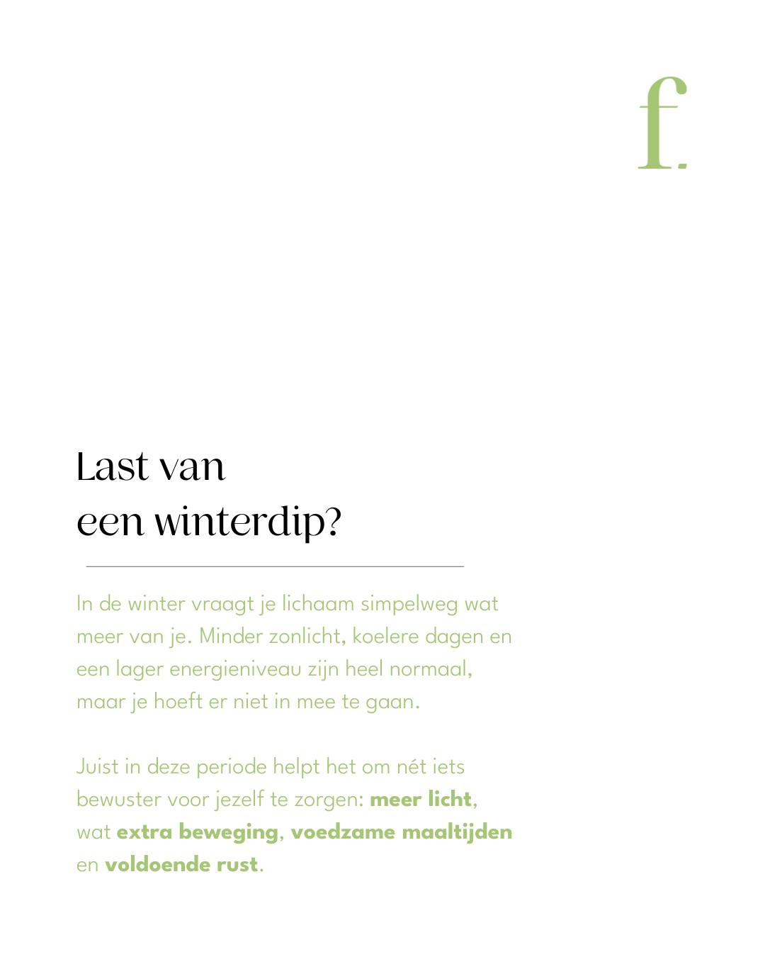 Kortere dagen, kouder weer, minder zon… het is logisch dat je energiepeil daalt.
Maar dat betekent niet dat je je erbij neer moet leggen.
🌞 Daglicht: probeer elke dag minstens 20 minuten buiten te zijn, het helpt je biologische klok én vitamine D.
🚶 Beweging: al is het maar 10 minuten. Beweging stimuleert dopamine en serotonine, je natuurlijke “blije stofjes”.
🥦 Voeding: eet kleurrijk, met veel groente, gezonde vetten en magnesiumrijke producten (zoals noten en bananen).
😴 Slaap: houd vaste tijden aan, probeer dit ook in het weekend!
Kleine gewoontes = groot verschil!