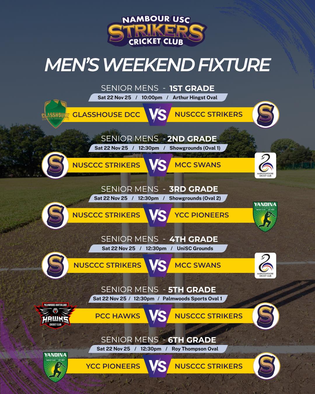 Fixtures for Strikers cricket this weekend 🏏
👉 Swipe to see the junior’s & women’s fixtures! #strikersspirit