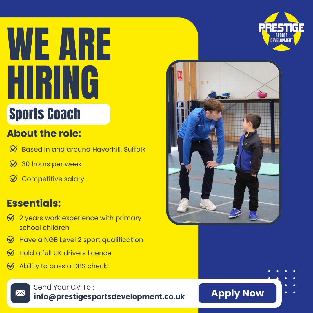 ๐ข Exciting New Vacancy:
๐
Sports Coach
๐ Work Based in Haverhill and the surrounding areas!
๐ 30 hours per week
Are you passionate about inspiring children through sport and physical activity? Prestige Sports Development Ltd are looking for a dedicated, enthusiastic Sports Coach to join our dynamic team!
We are a well-established company delivering high-quality PE, sports coaching, childcare clubs, and enrichment activities to primary schools across Suffolk, Essex, and Cambridgeshire. This specific role will focus on Haverhill and the surrounding areas. We travel to schools within a 40 minute radius of Haverhill across Suffolk, Essex & Cambs! This role will require you to be adaptable and be ready and willing to cover sessions. You will play a vital role in making our service reliable and dependable for our customers!
โญ What You'll Do:
Deliver engaging PE lessons, after-school clubs, and lunchtime activities in local primary schools
Plan and lead a variety of sports and physical activities that encourage participation and skill development
Build strong, positive relationships with schools, staff, and children
Promote a healthy, active lifestyle in every session
โ
Weโre Looking For:
A qualified and experienced sports coach (Level 2 in Coaching or equivalent preferred)
Experience working with primary-aged children (essential)
Passionate, reliable, and confident communicator
A full driving licence and access to a vehicle (essential for travel between schools)
Up-to-date Enhanced DBS check (or willingness to obtain one)
First Aid and Safeguarding certificates (preferred, but can be provided)
๐ฆ What We Offer:
Guaranteed 30 hours per week paid
Ongoing training and career development
Friendly, supportive team environment
Opportunities to work on innovative enrichment and holiday programmes
Overtime Opportunities at the weekend delivering childrenโs parties.
Start your journey inspiring the next generation through sport.
Apply now by sending your CV and a brief cover letter to info@prestigesportsdevelopment.co.uk or get in touch for more information.
Deadline: โฆ.. ASAP ๐