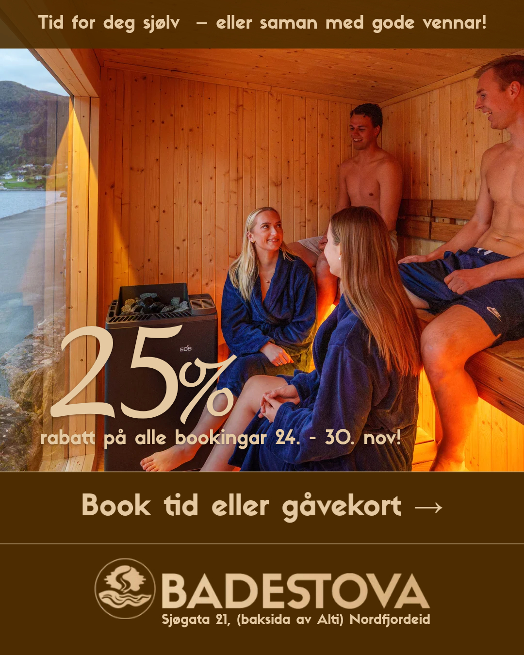 💥 Black Week-tilbod 💥
Book tid i Badestova innan søndag 30. november og få 25% rabatt ♨️
Tilbudet gjeld også på bookingar fram i tid, men bestillinga må skje innan søndag 30. november.
Book din time på badestova.no 🧖♂️