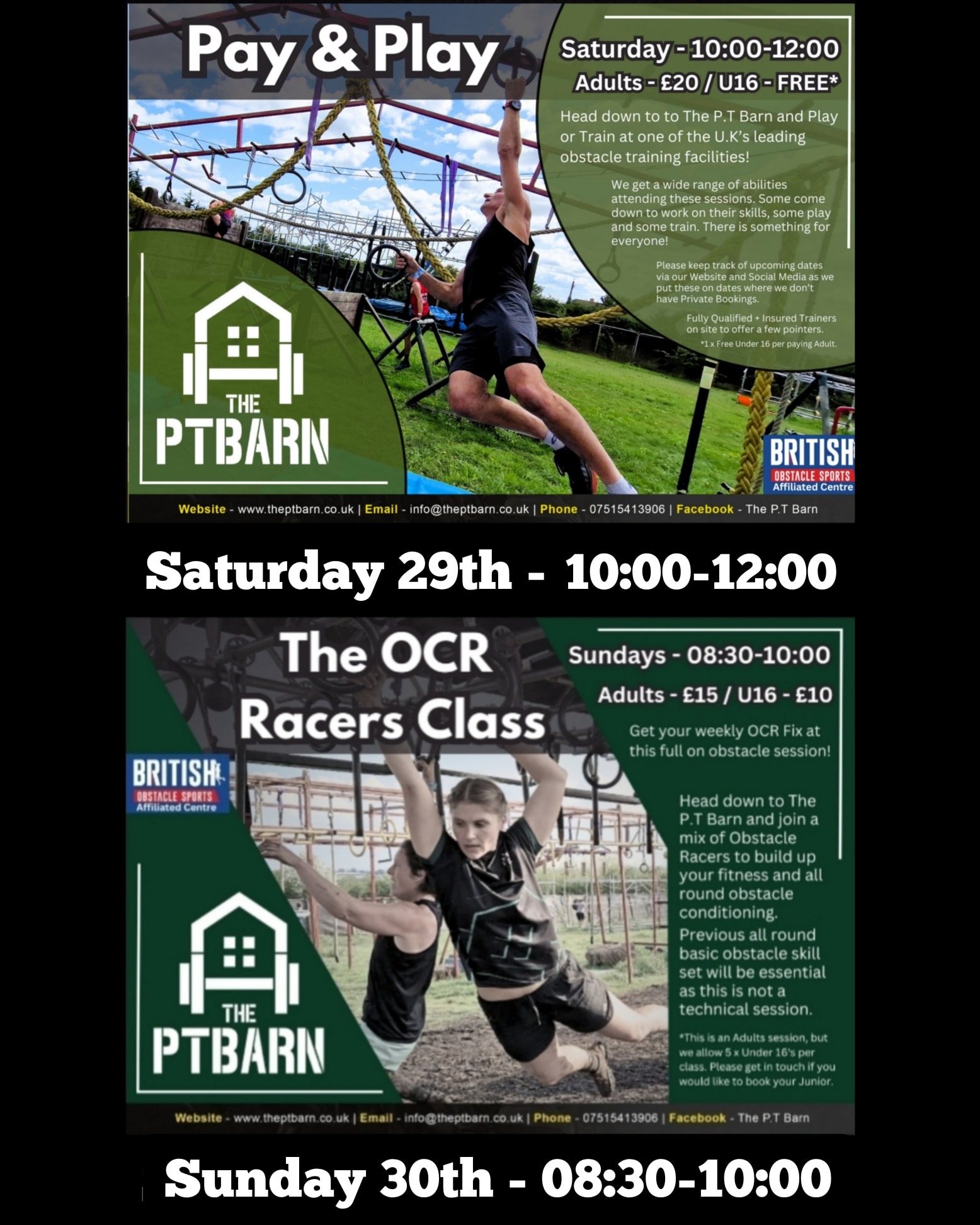 Another double weekend of OCR Training at The P.T Barn this weekend!
Drop us a message for bookings.