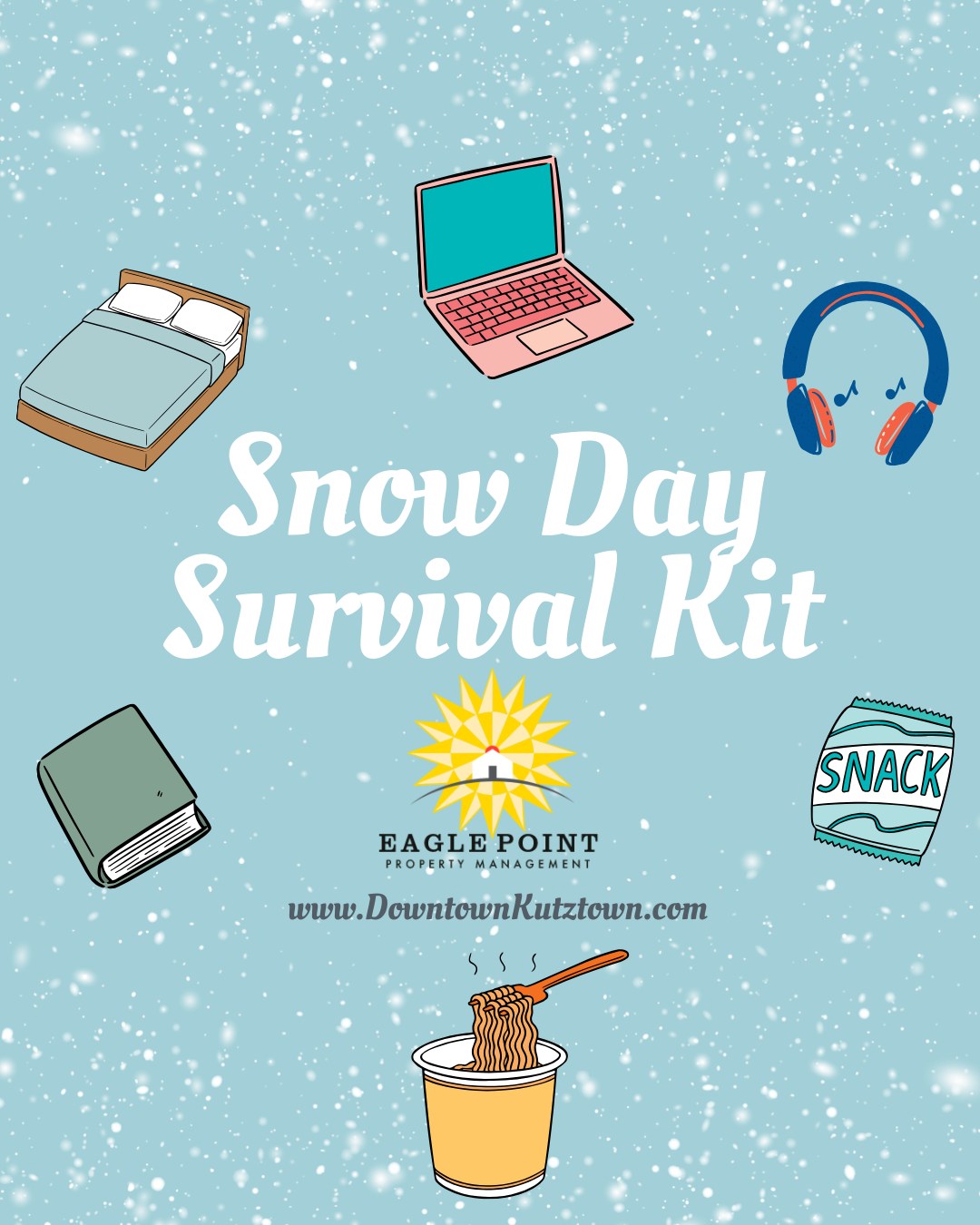 Step 1: Snacks. Step 2: Cozy. Step 3: Do not leave the house. ✅ #eaglepoint #downtownkutztown #KU #goldenbears #kutztownuniversity #livehowyouwantto #EPPM #December #snowday #snow #Holidays